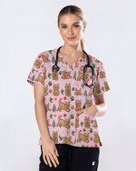 Cute Gingerbread Cat Christmas Medical Nurse Scrub Top - Scrubloop