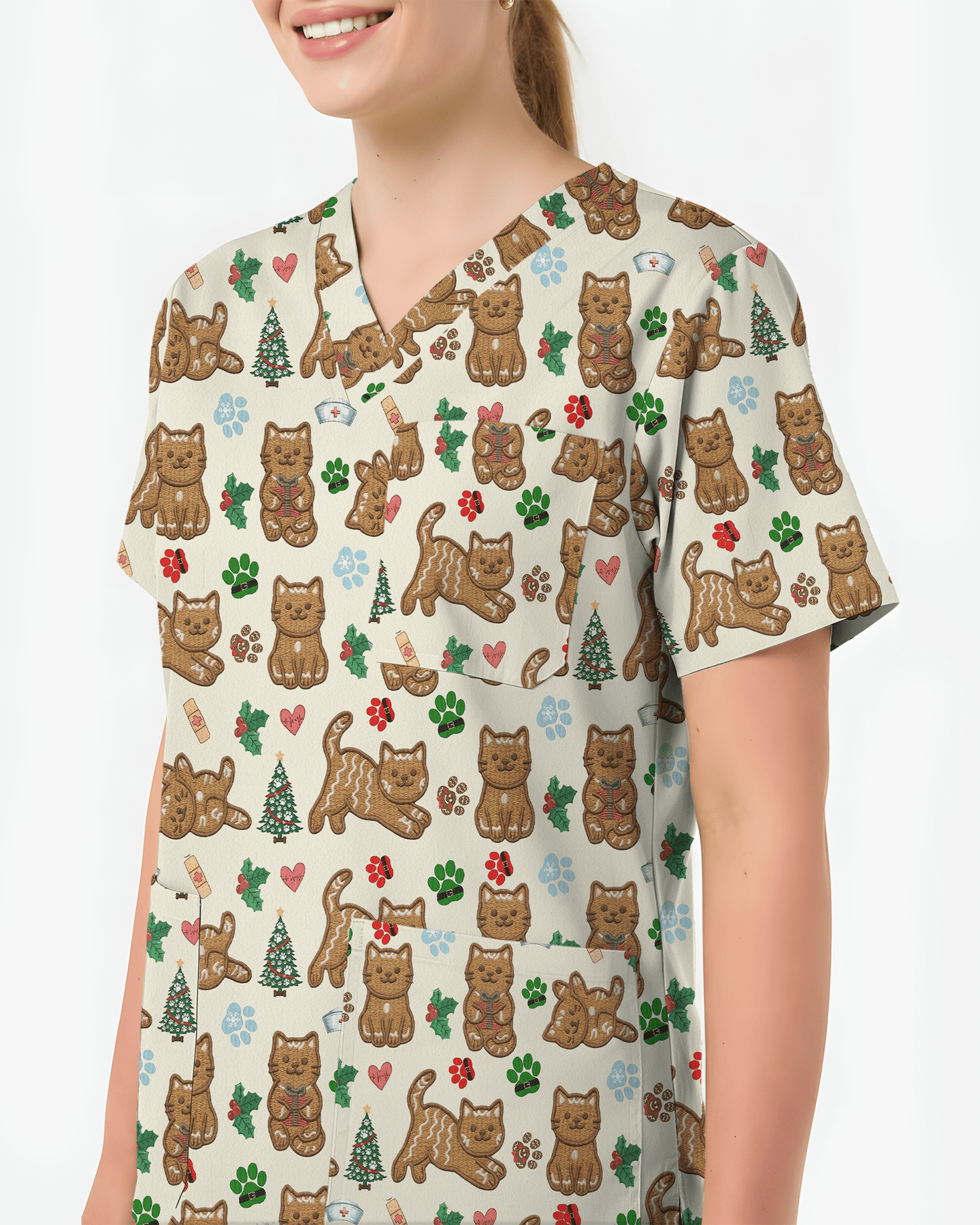 Cute Gingerbread Cat Christmas Medical Nurse Scrub Top - Scrubloop