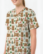 Cute Gingerbread Cat Christmas Medical Nurse Scrub Top - Scrubloop