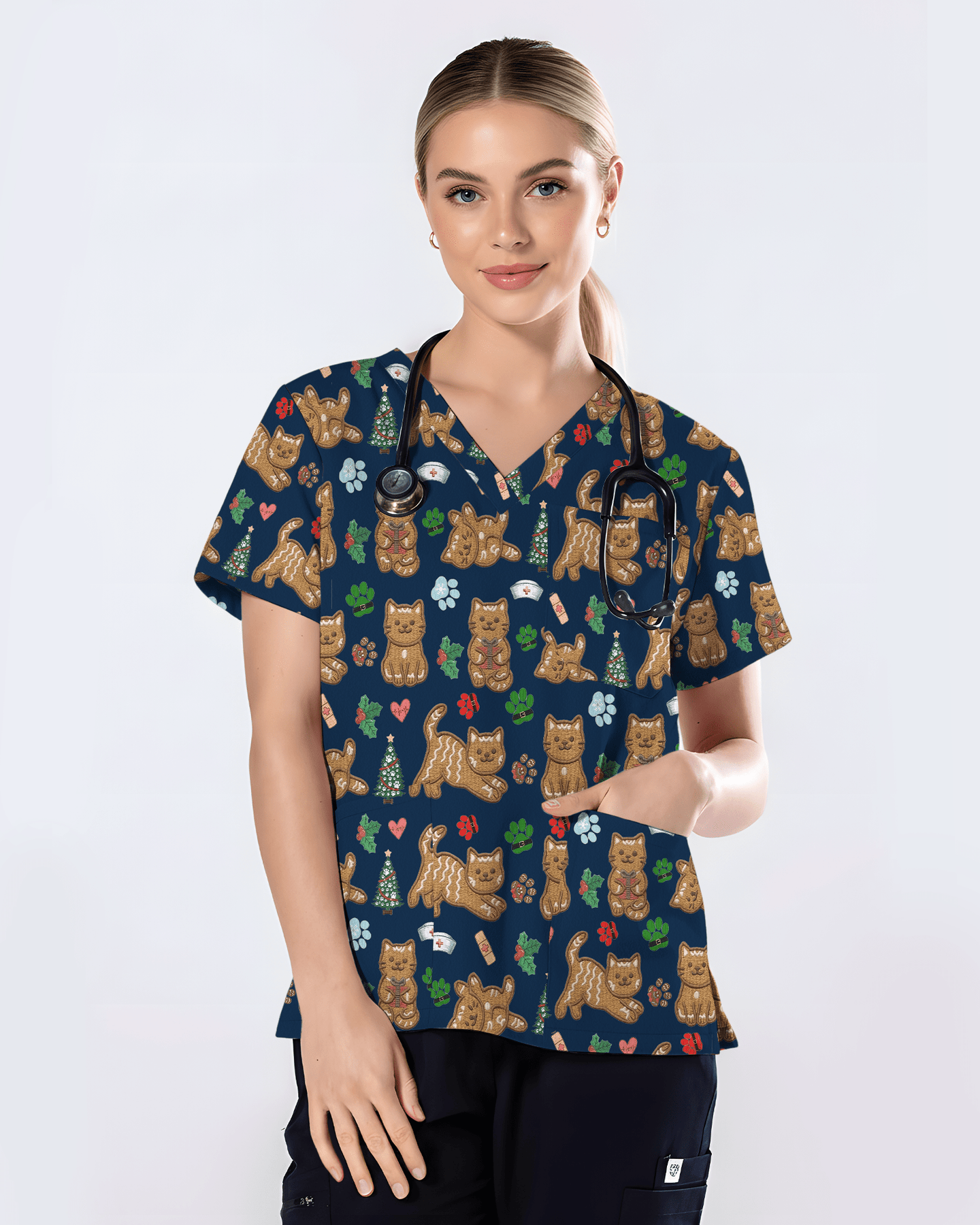 Cute Gingerbread Cat Christmas Medical Nurse Scrub Top - Scrubloop