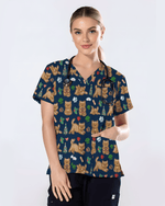 Cute Gingerbread Cat Christmas Medical Nurse Scrub Top - Scrubloop
