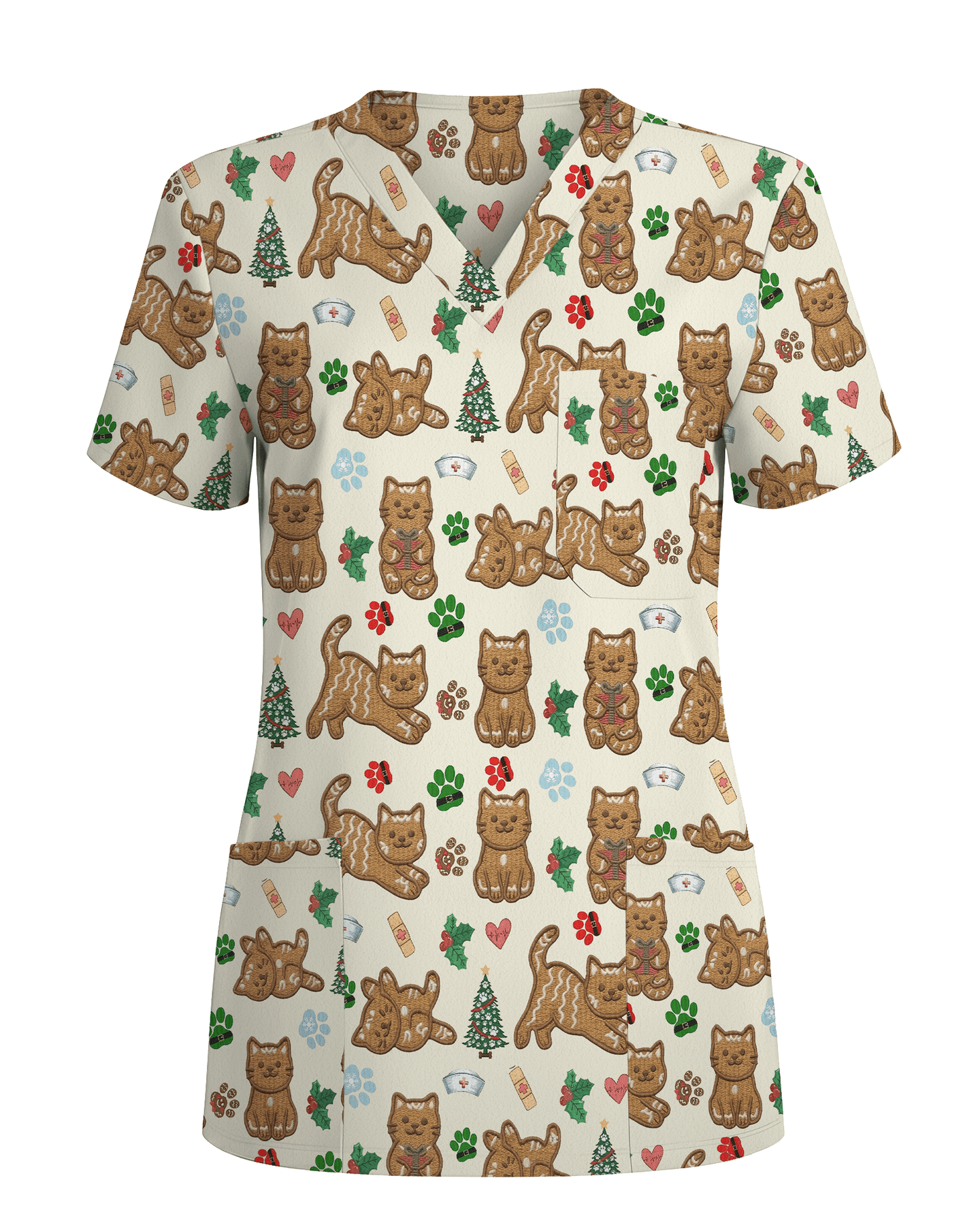 Cute Gingerbread Cat Christmas Medical Nurse Scrub Top - Scrubloop
