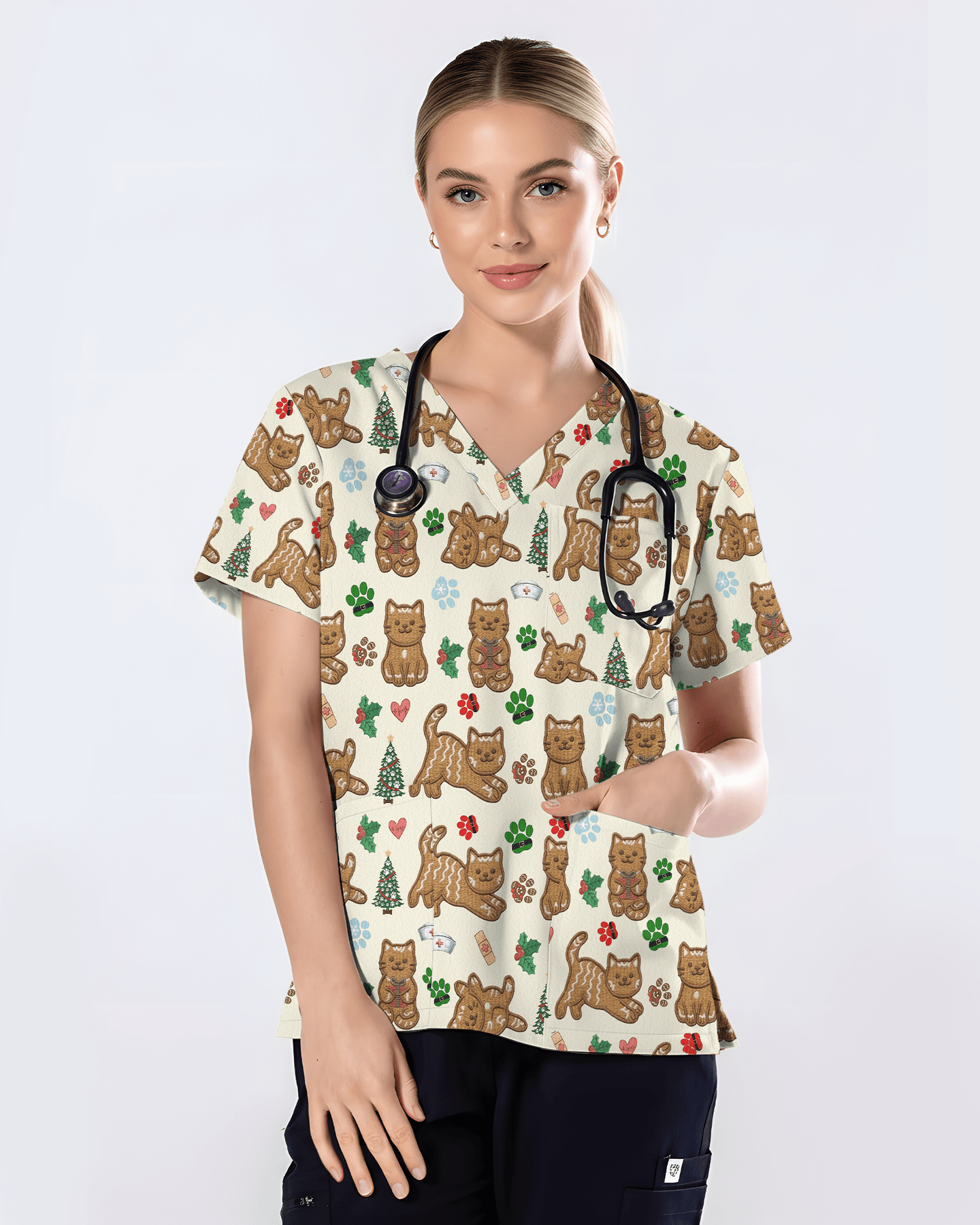Cute Gingerbread Cat Christmas Medical Nurse Scrub Top - Scrubloop
