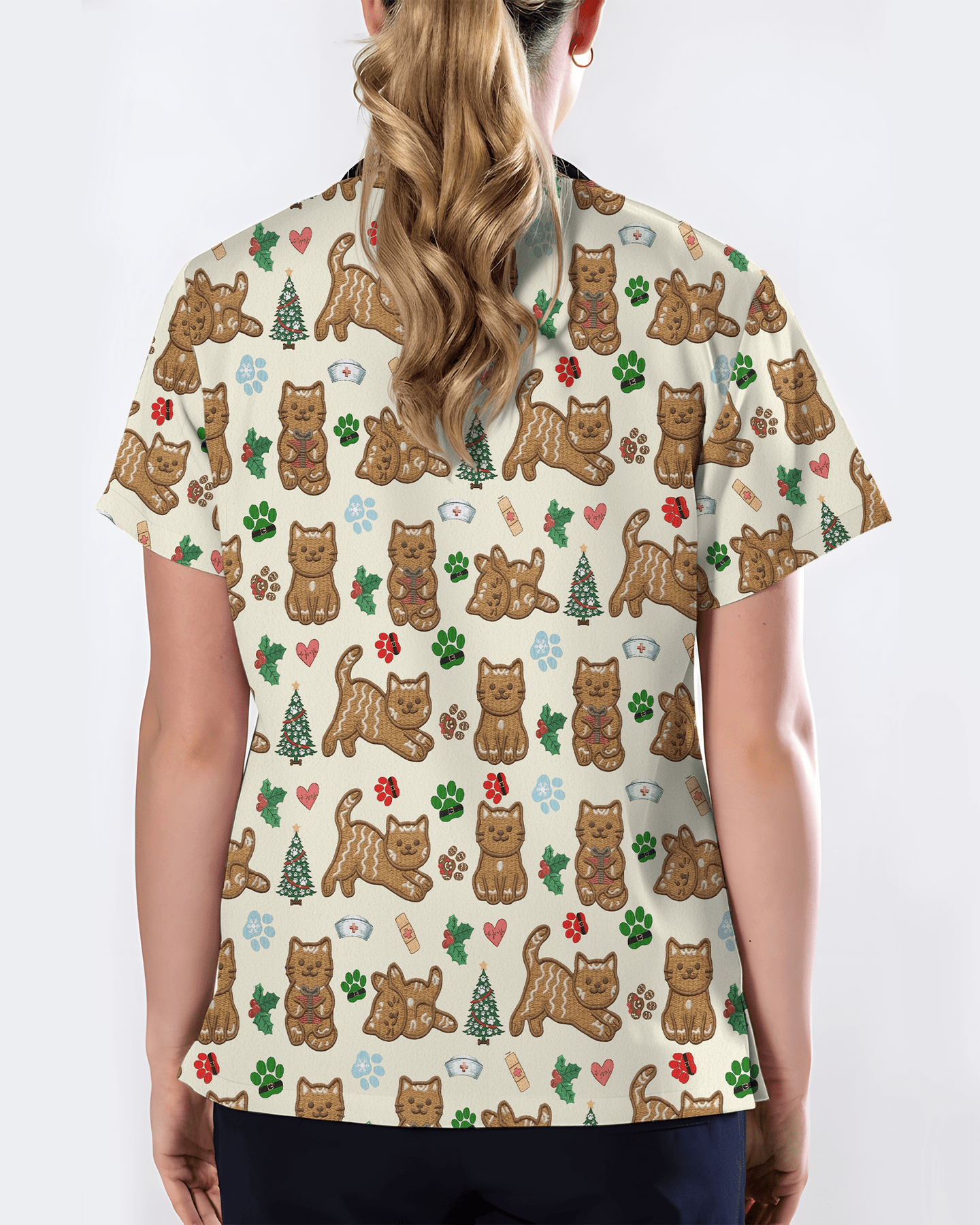 Cute Gingerbread Cat Christmas Medical Nurse Scrub Top - Scrubloop