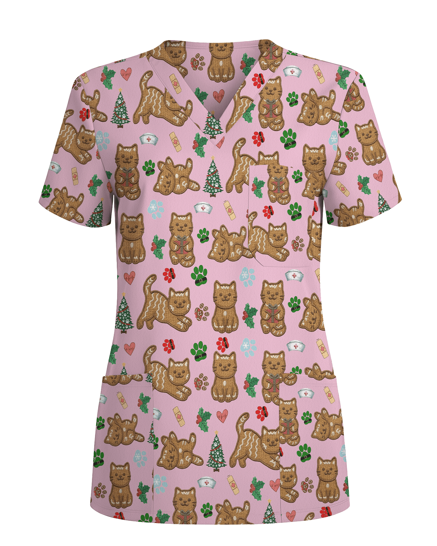 Cute Gingerbread Cat Christmas Medical Nurse Scrub Top - Scrubloop