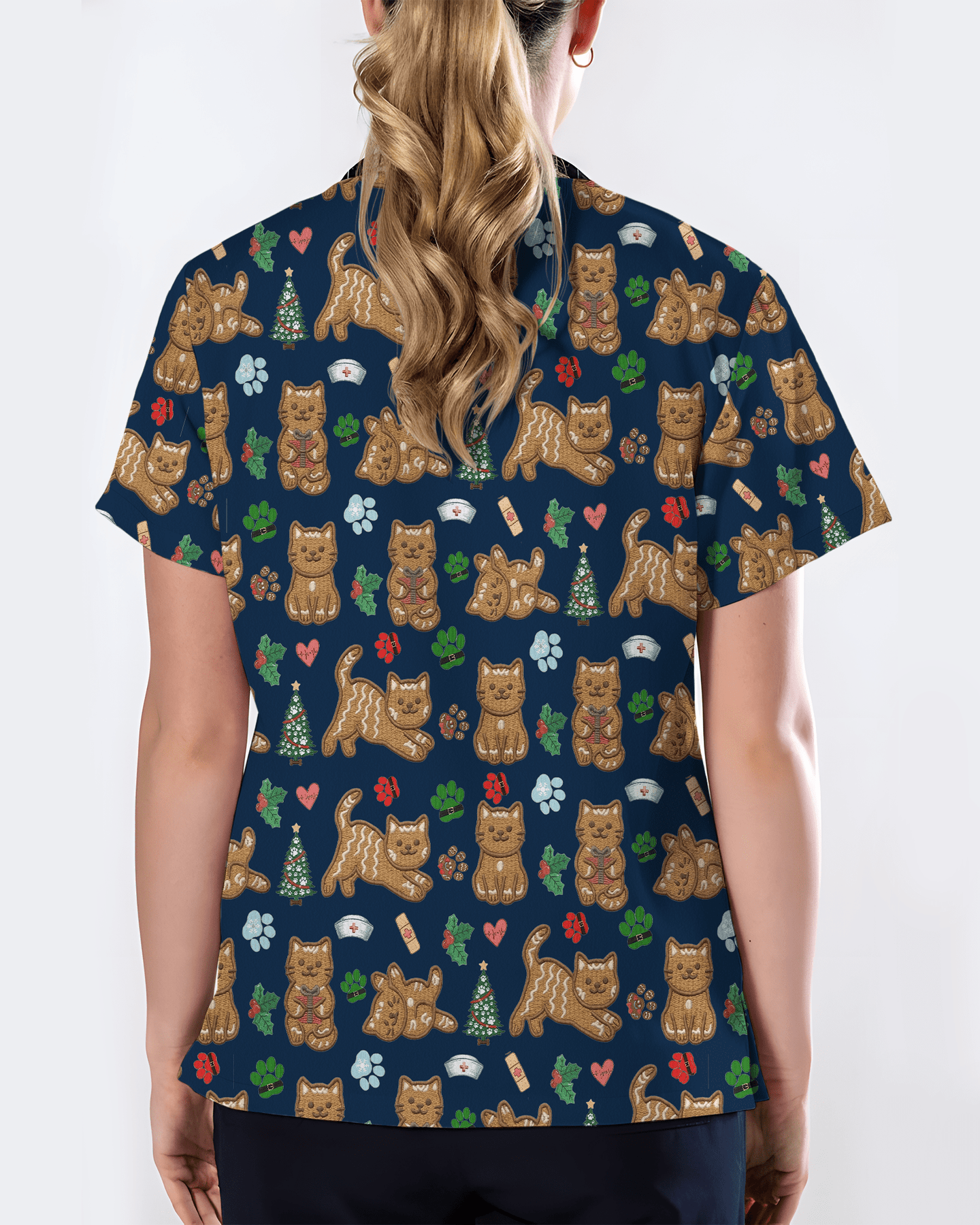 Cute Gingerbread Cat Christmas Medical Nurse Scrub Top - Scrubloop