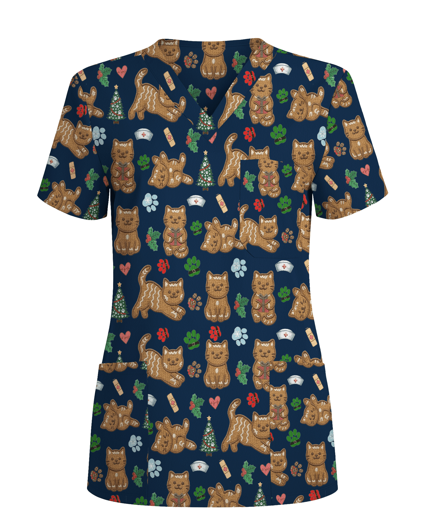 Cute Gingerbread Cat Christmas Medical Nurse Scrub Top - Scrubloop