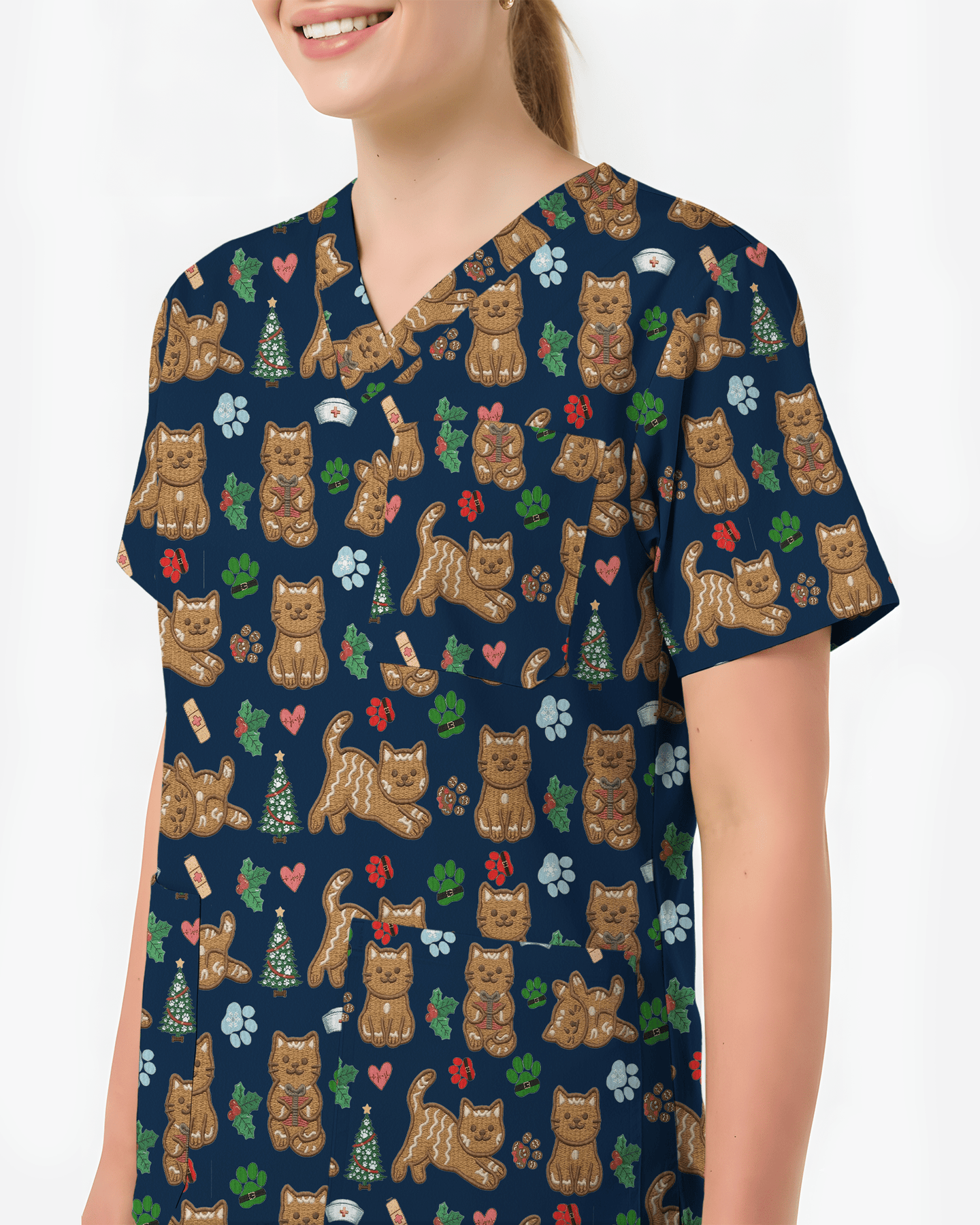 Cute Gingerbread Cat Christmas Medical Nurse Scrub Top - Scrubloop