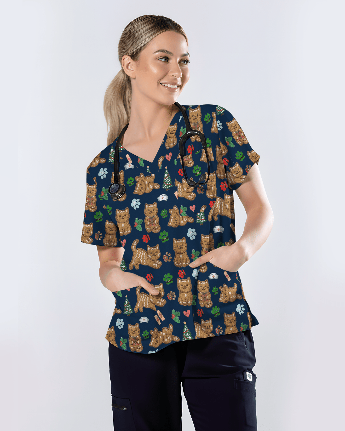 Cute Gingerbread Cat Christmas Medical Nurse Scrub Top - Scrubloop
