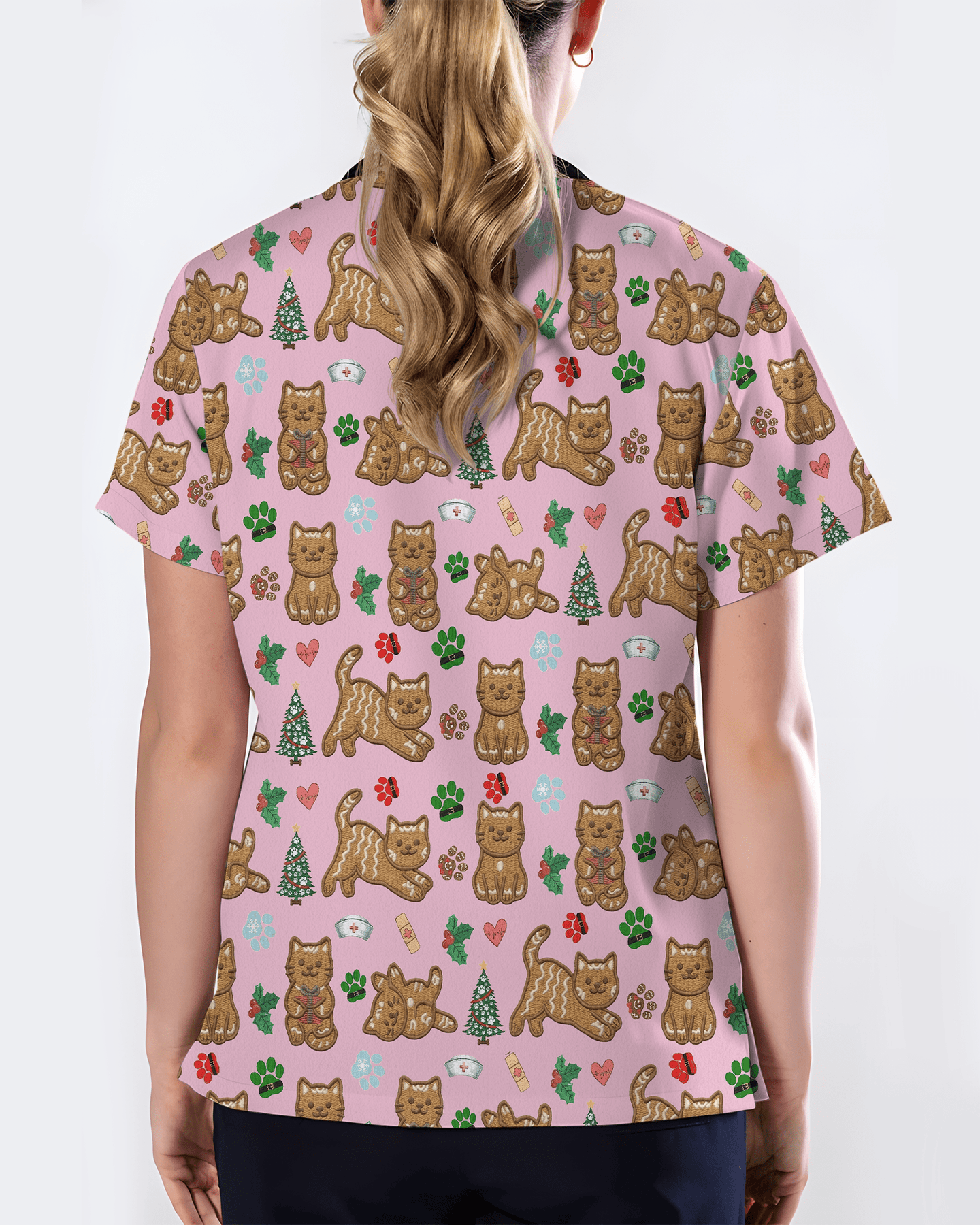 Cute Gingerbread Cat Christmas Medical Nurse Scrub Top - Scrubloop