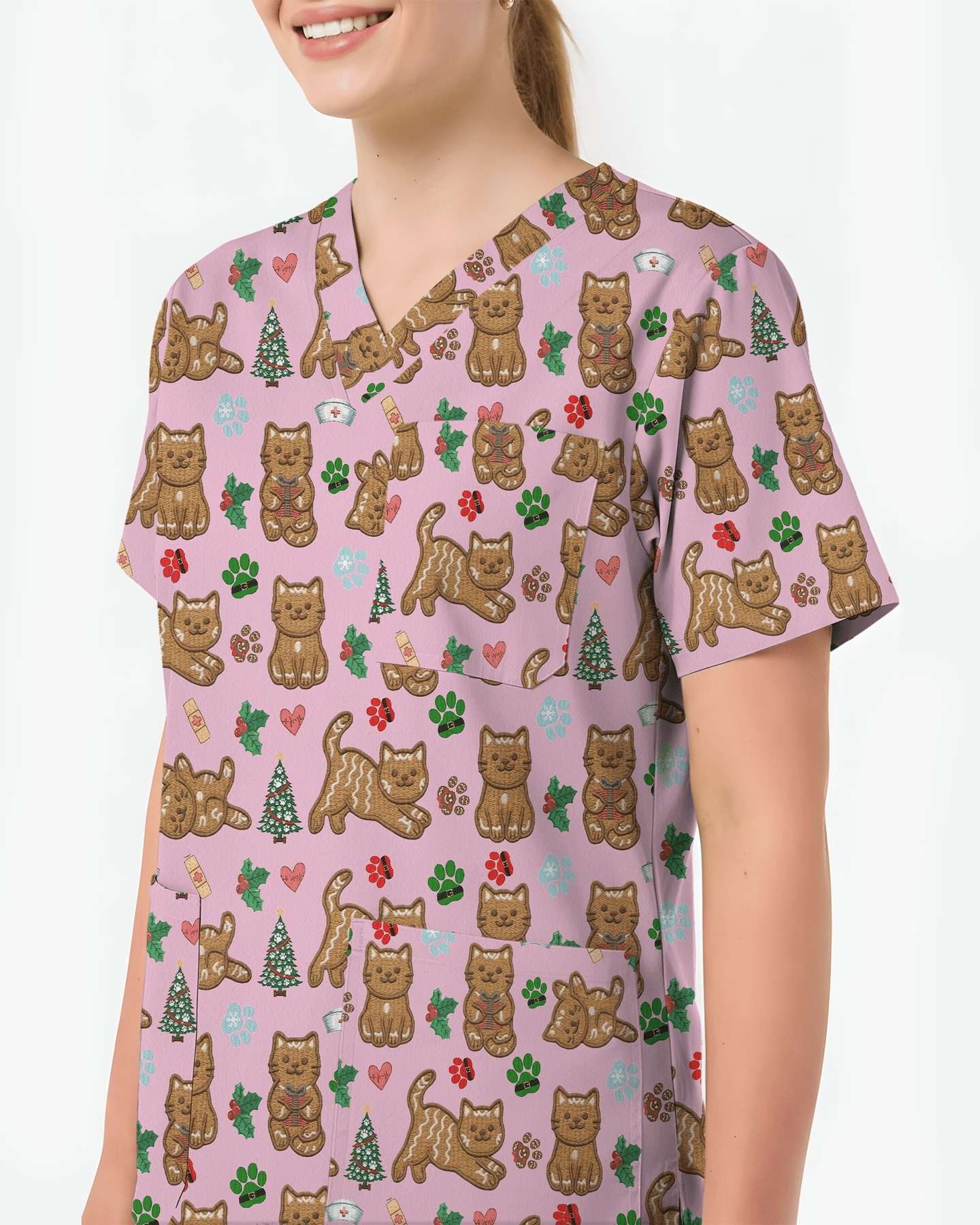 Cute Gingerbread Cat Christmas Medical Nurse Scrub Top - Scrubloop