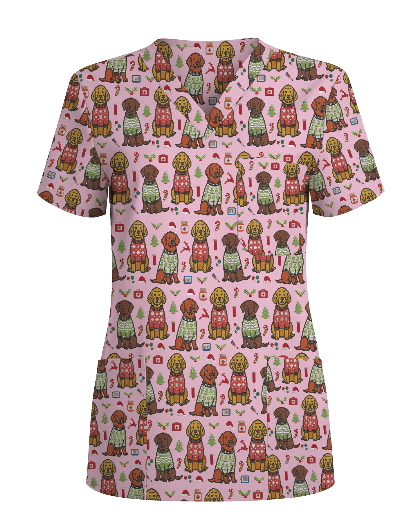 Cute Golden Retriever Christmas Medical Nurse Scrub Top - Scrubloop