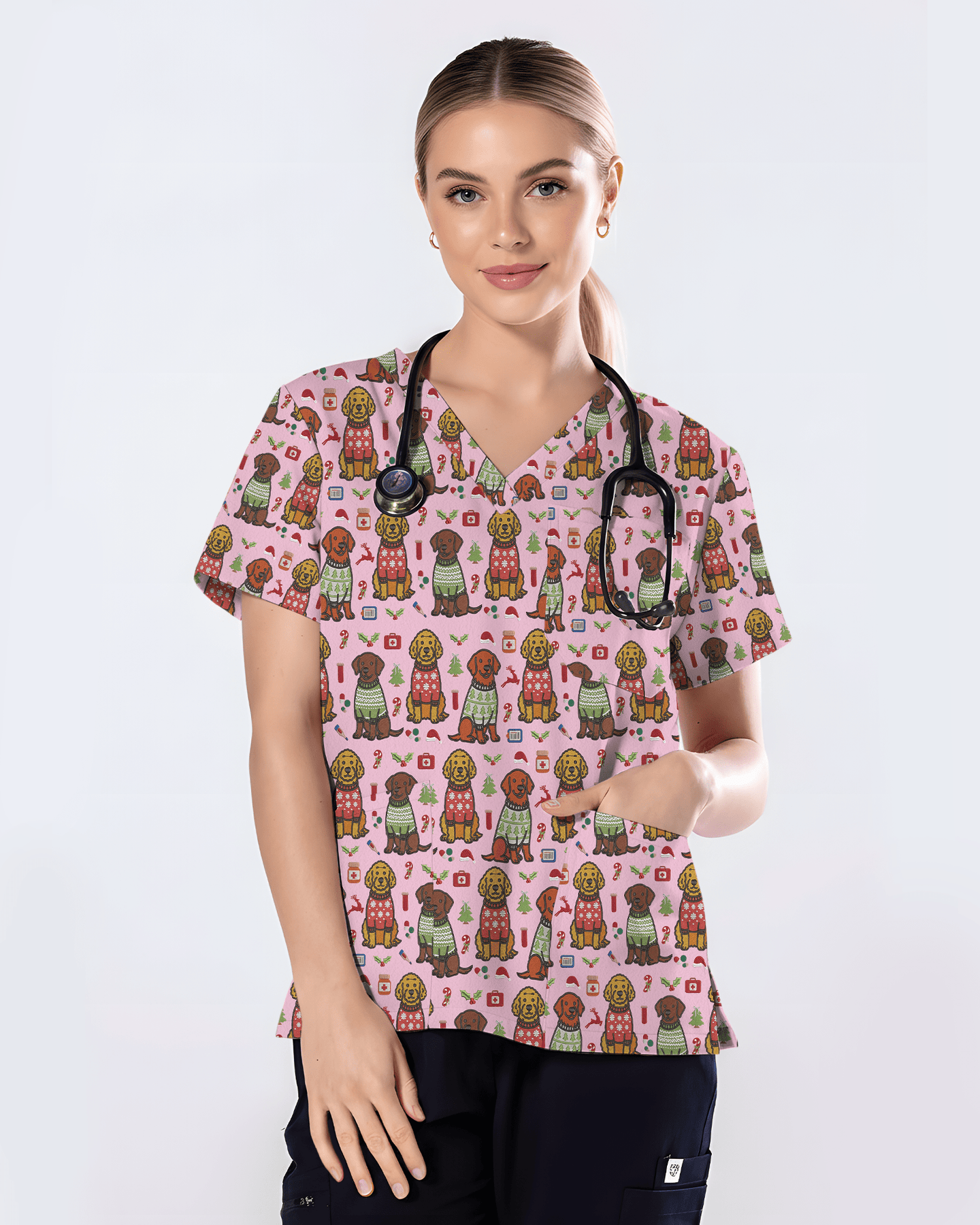 Cute Golden Retriever Christmas Medical Nurse Scrub Top - Scrubloop
