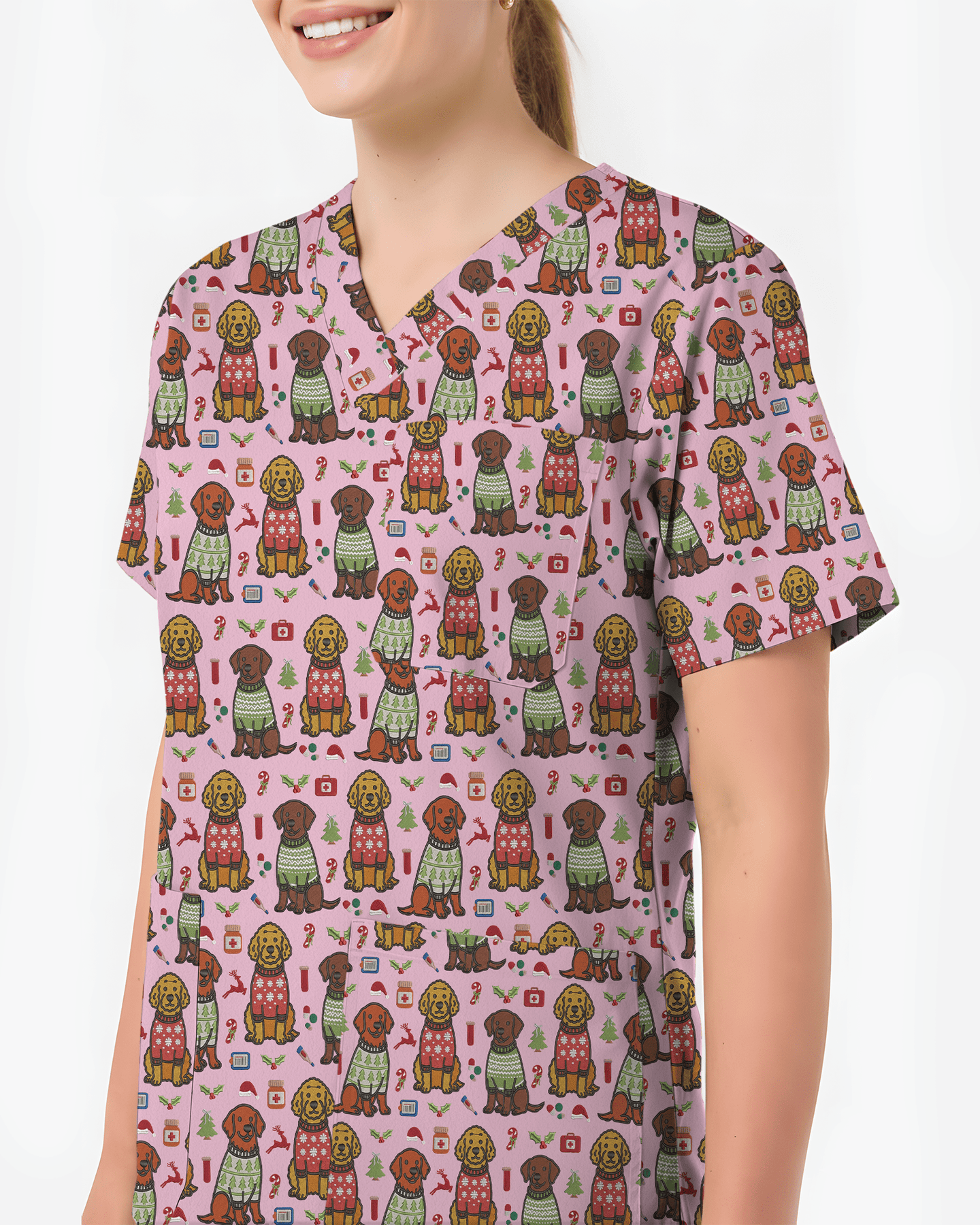Cute Golden Retriever Christmas Medical Nurse Scrub Top - Scrubloop