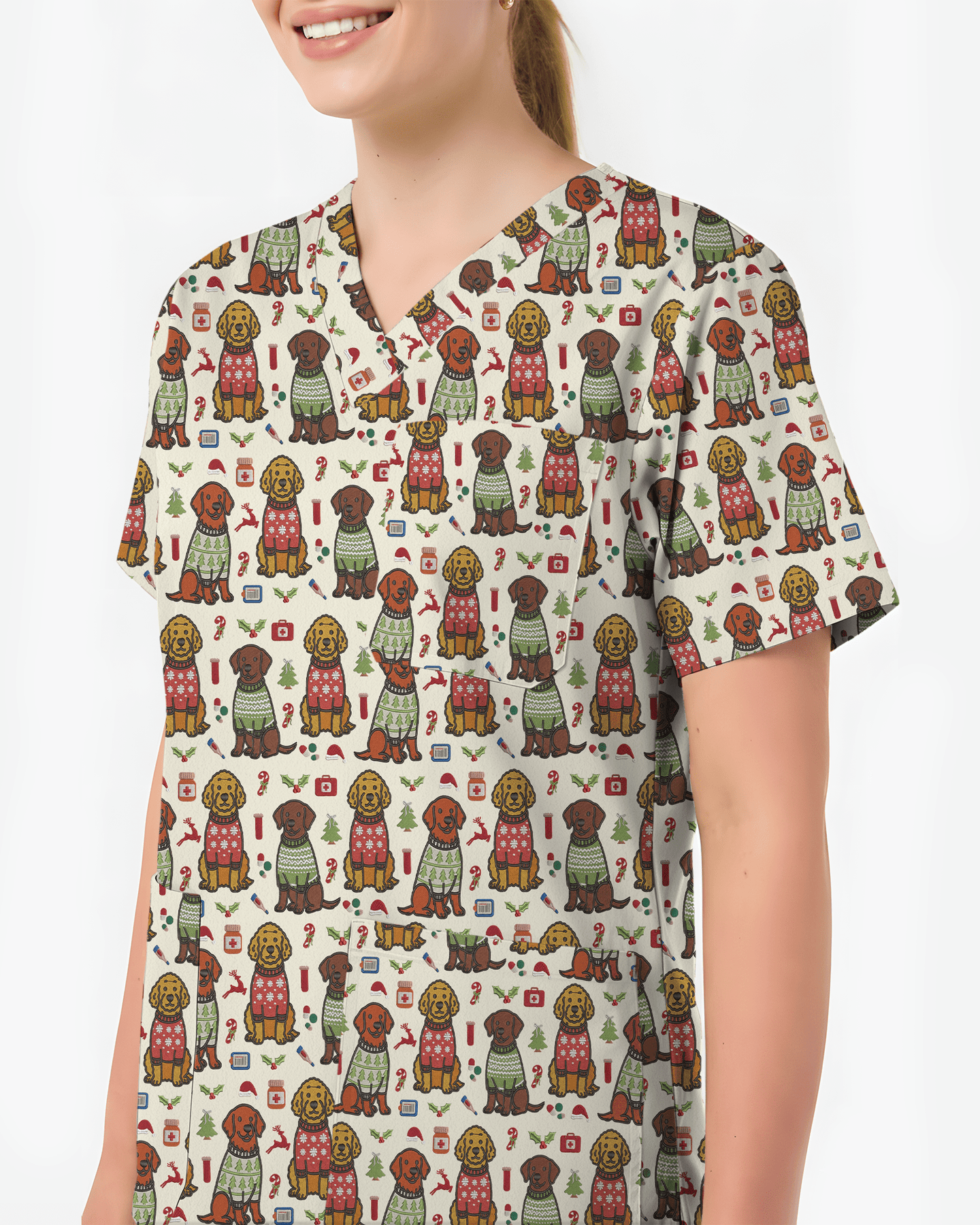 Cute Golden Retriever Christmas Medical Nurse Scrub Top - Scrubloop