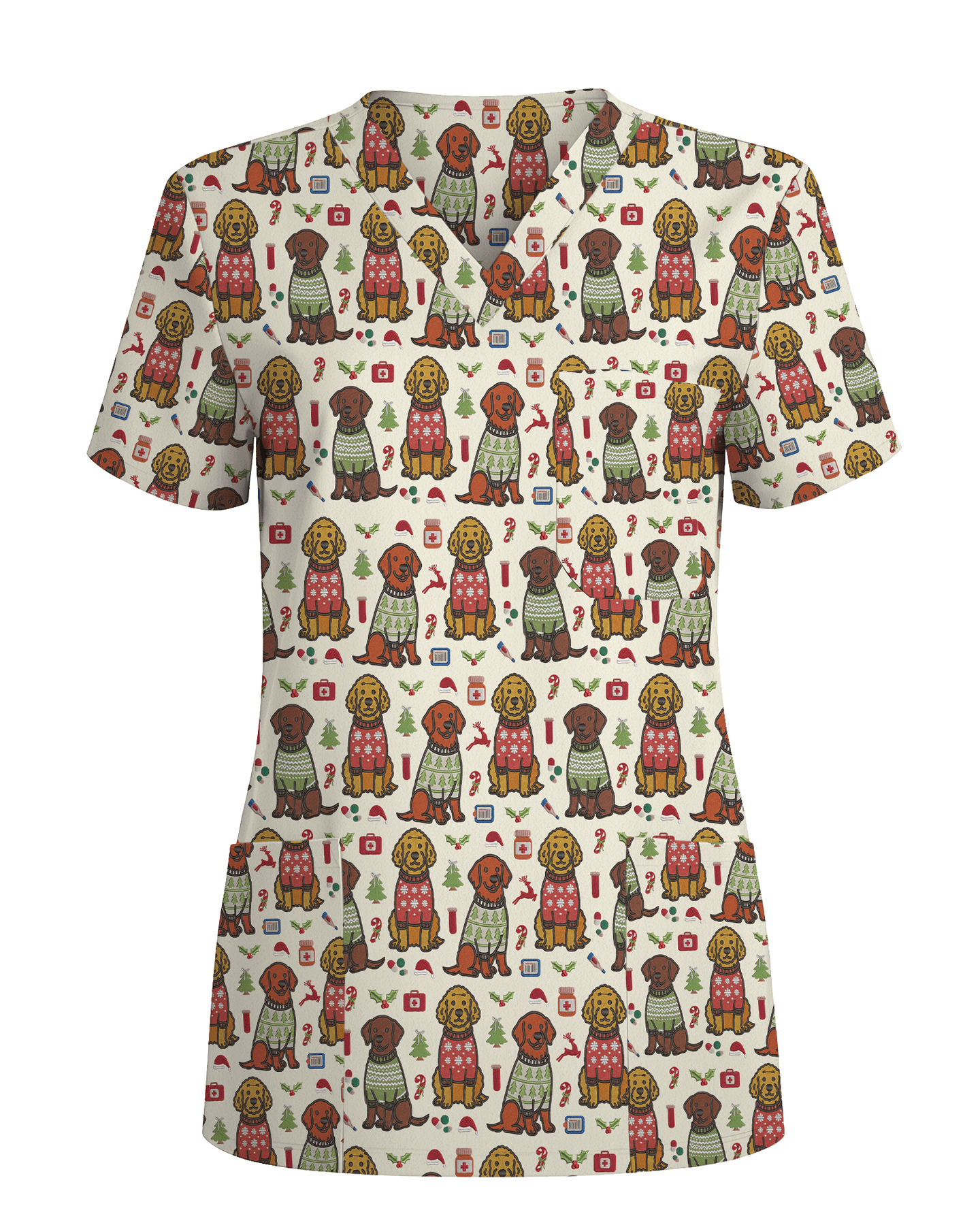 Cute Golden Retriever Christmas Medical Nurse Scrub Top - Scrubloop