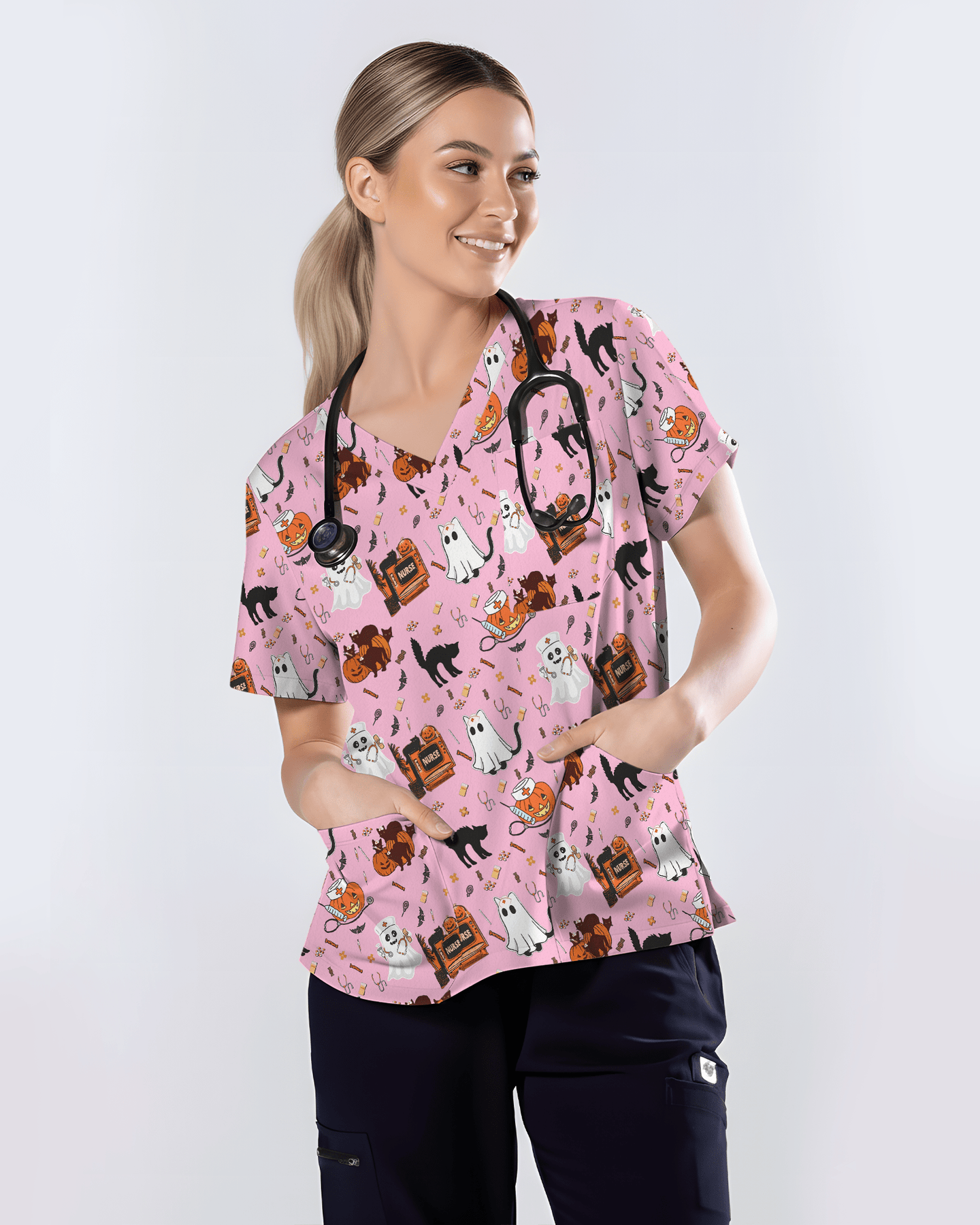 Cute Halloween Ghost Nurse Medical Scrub Top - Scrubloop