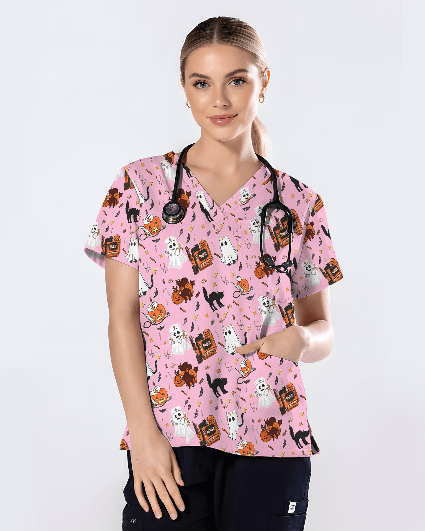 Cute Halloween Ghost Nurse Medical Scrub Top - Scrubloop