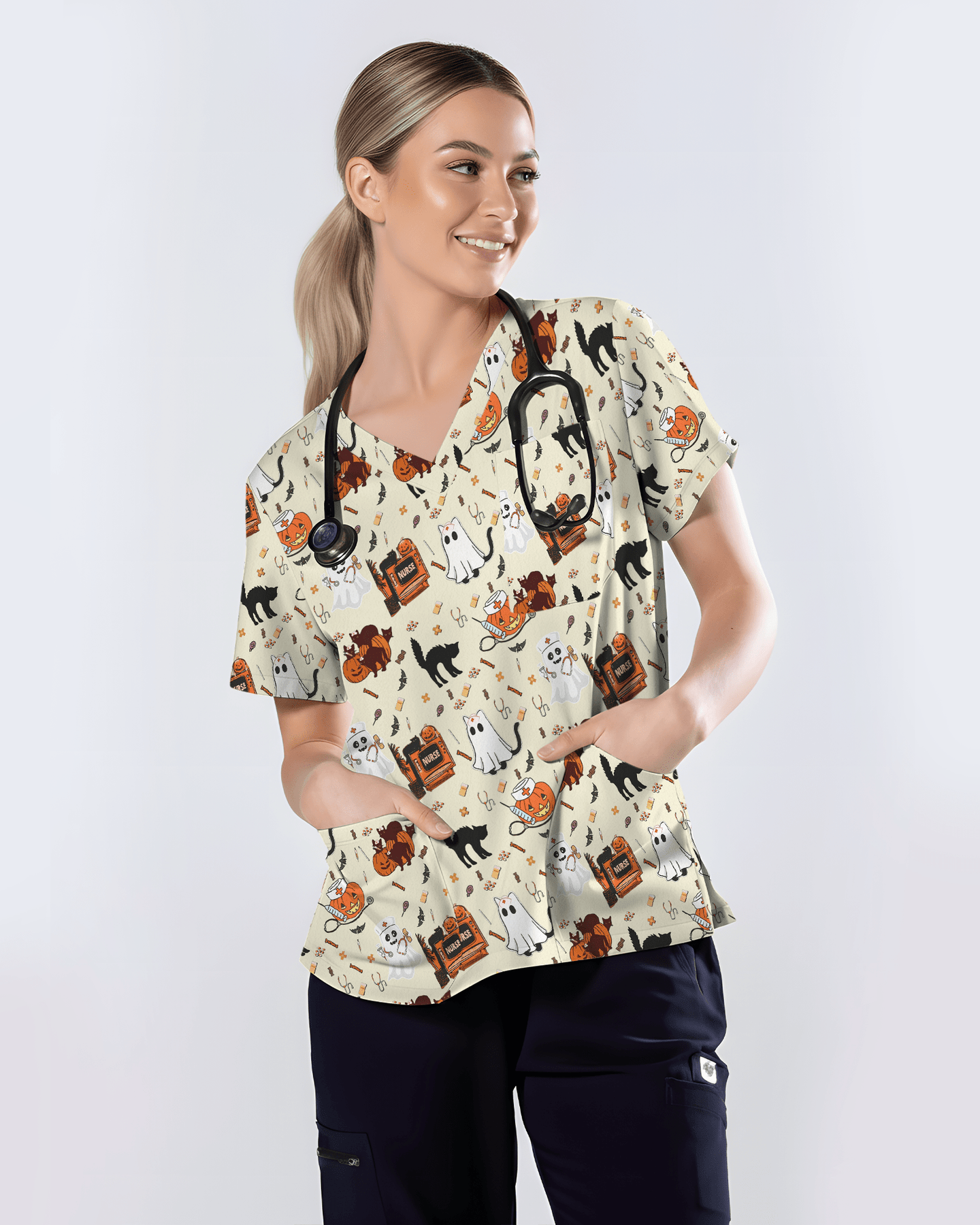 Cute Halloween Ghost Nurse Medical Scrub Top - Scrubloop