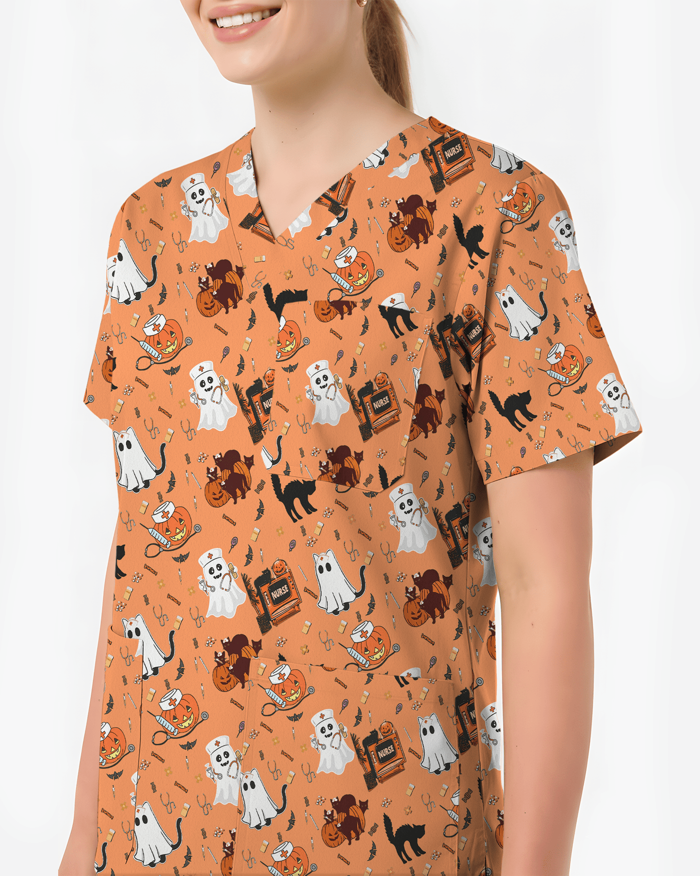 Cute Halloween Ghost Nurse Medical Scrub Top - Scrubloop