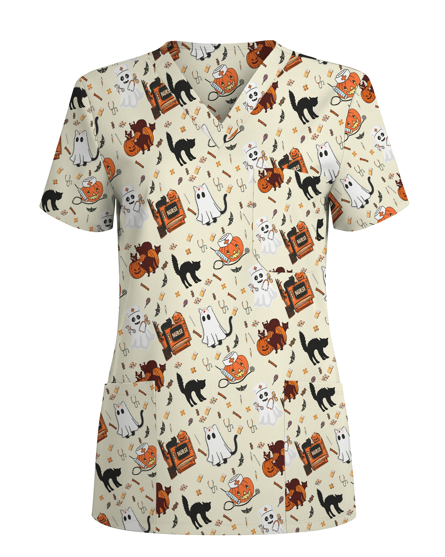 Cute Halloween Ghost Nurse Medical Scrub Top - Scrubloop
