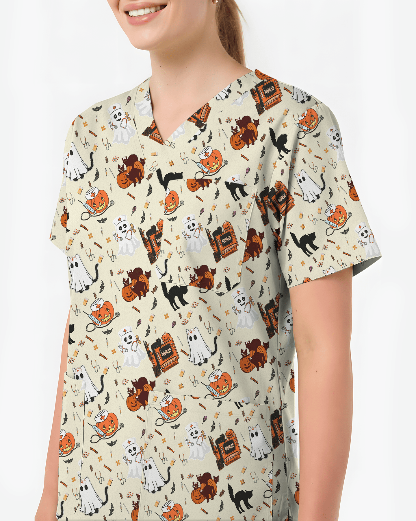 Cute Halloween Ghost Nurse Medical Scrub Top - Scrubloop
