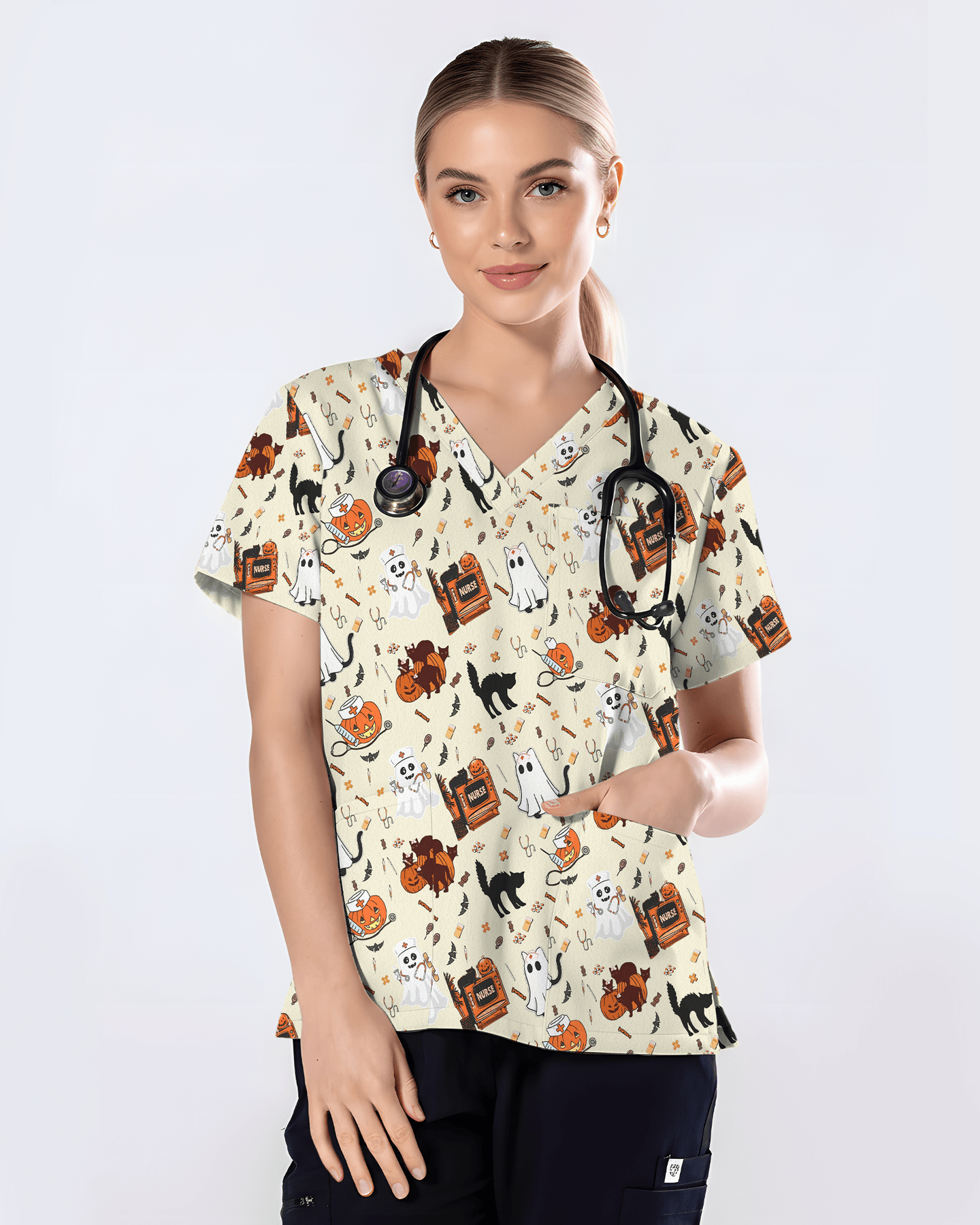 Cute Halloween Ghost Nurse Medical Scrub Top - Scrubloop