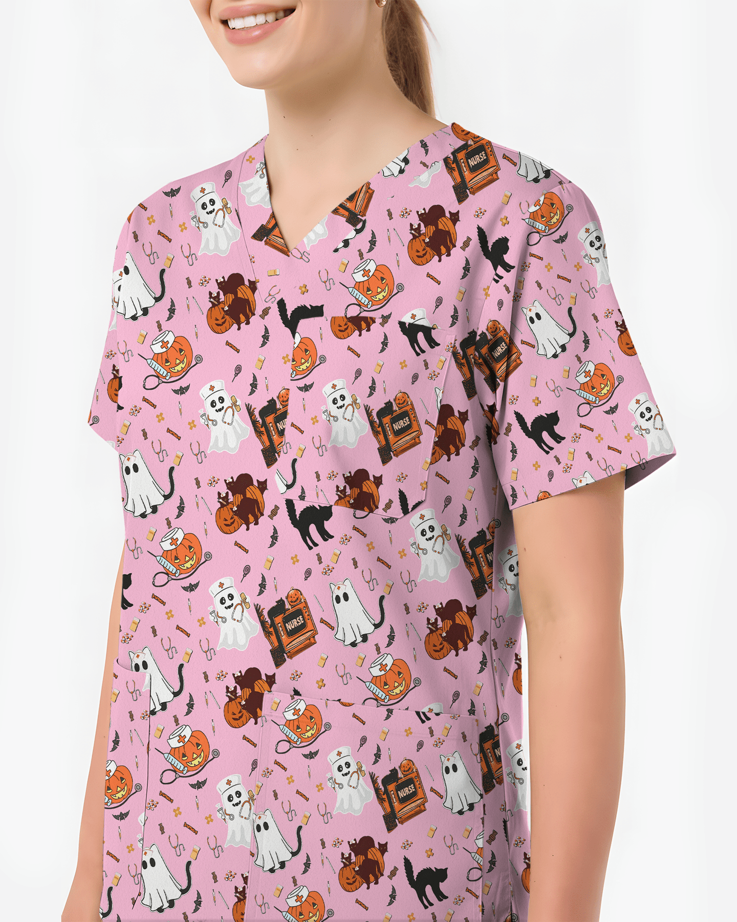 Cute Halloween Ghost Nurse Medical Scrub Top - Scrubloop