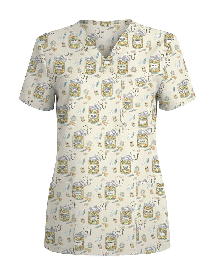 Cute Happy Pills Medical Nursing V-Neck Scrub Top