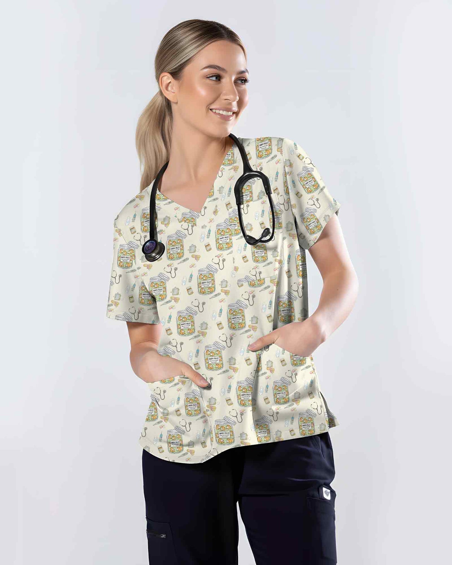 Cute Happy Pills Medical Nursing V-Neck Scrub Top - Scrubloop