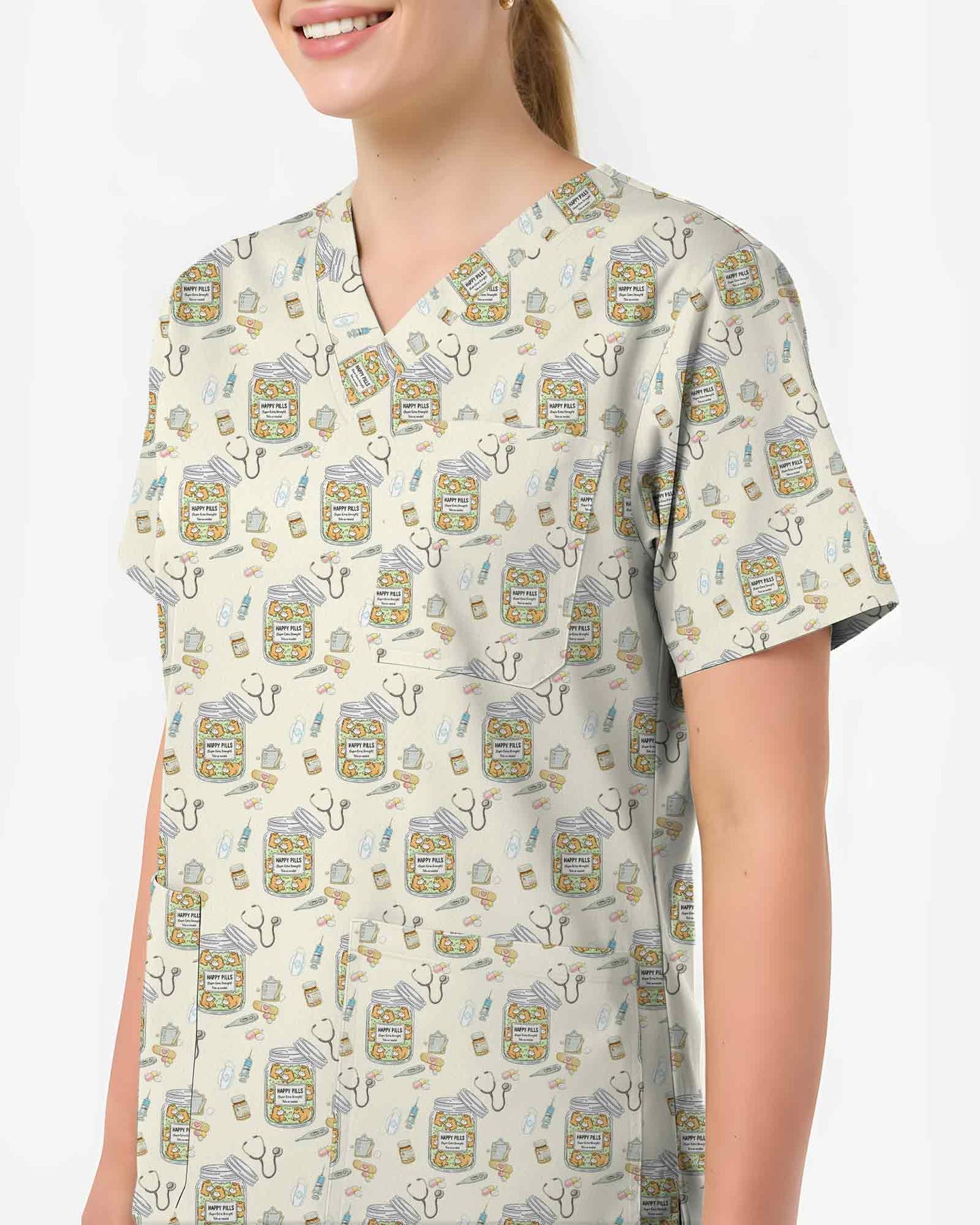 Cute Happy Pills Medical Nursing V-Neck Scrub Top - Scrubloop
