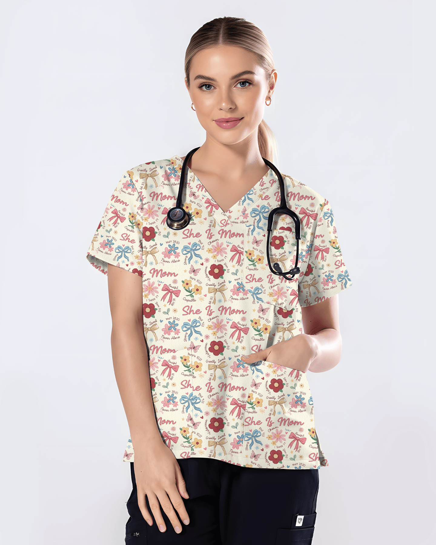 Cute Mother's Day Faith Floral Medical Scrub Top - Scrubloop