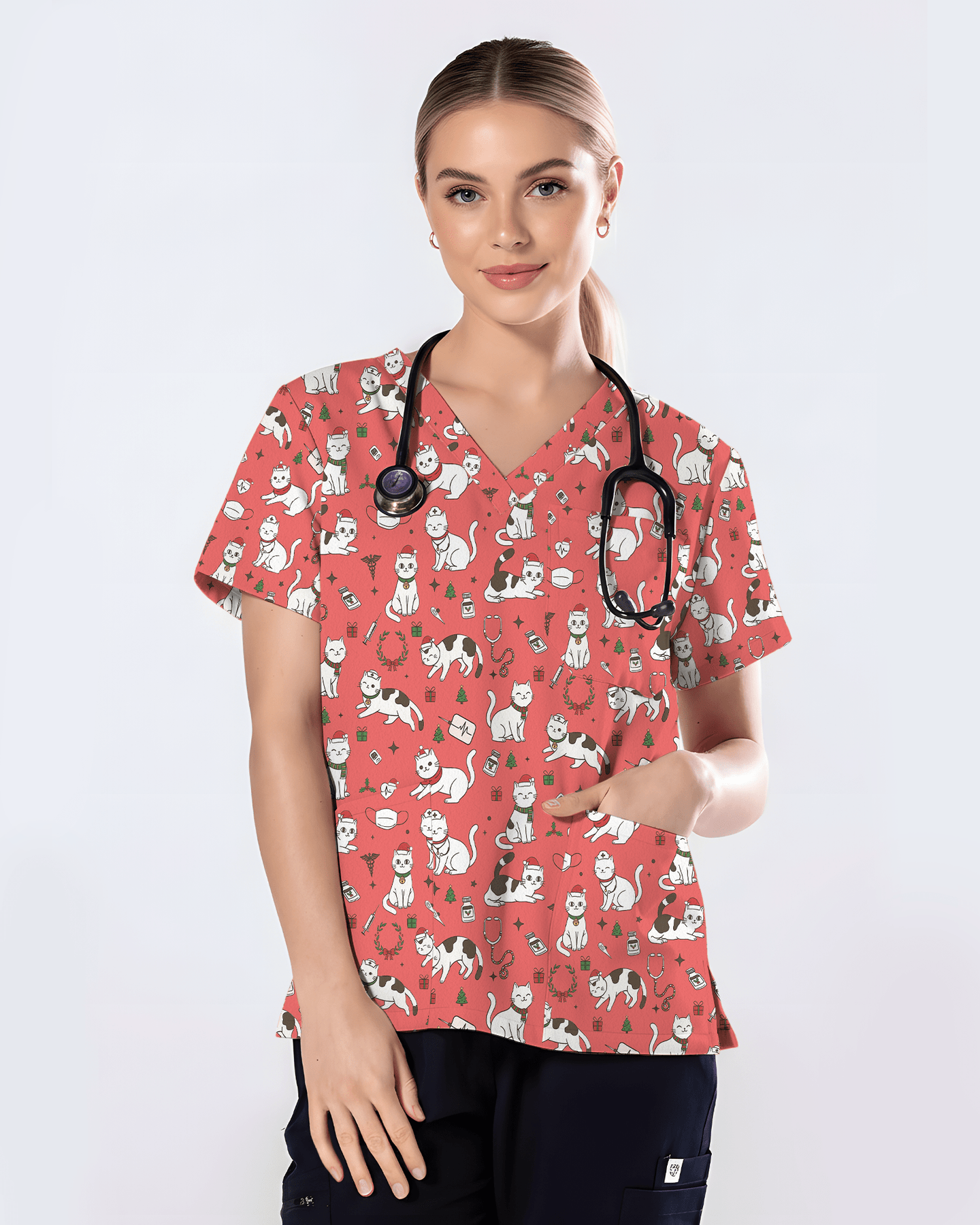 Cute Nurse Cat Christmas Medical Scrub Top - Scrubloop