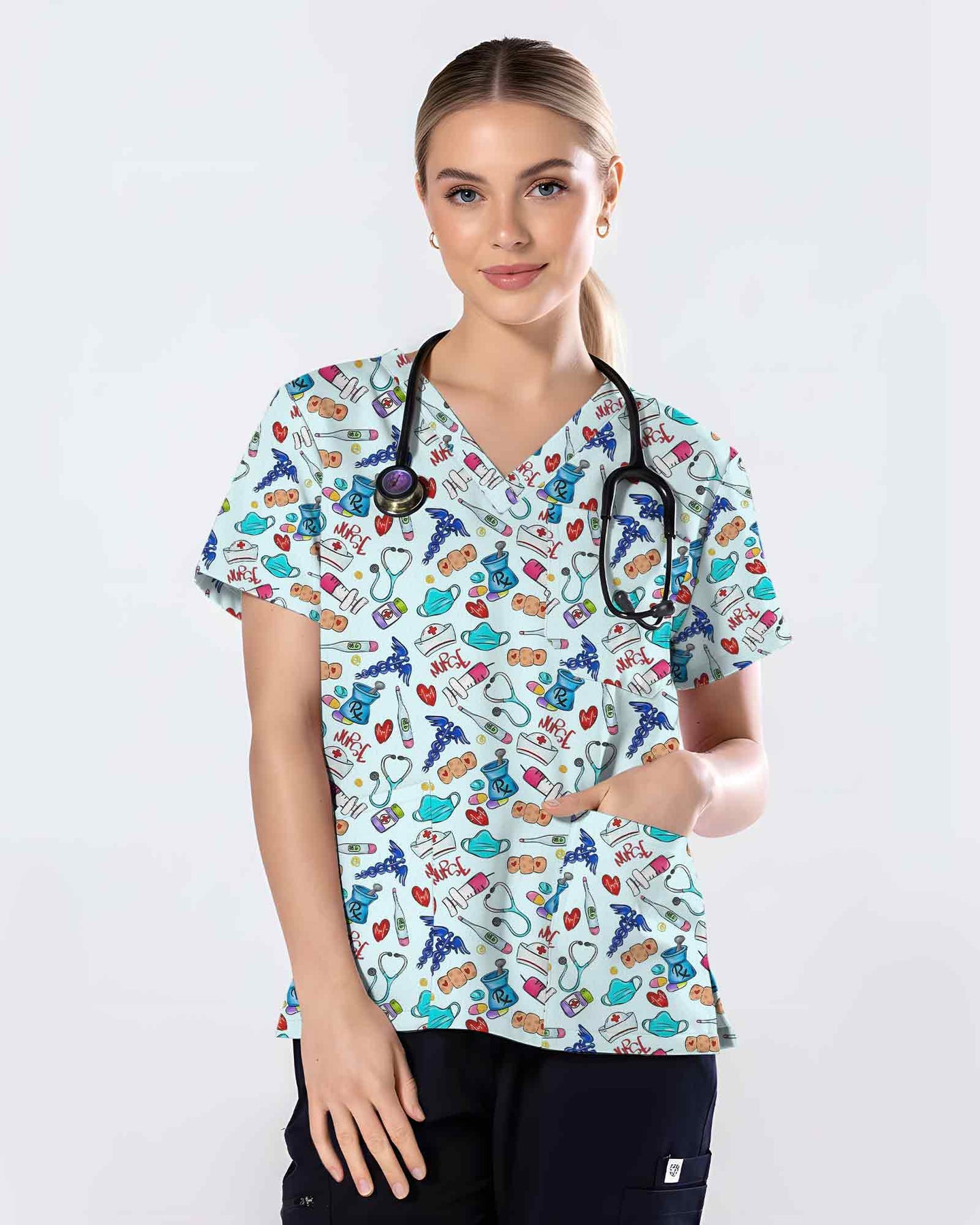 Cute Nurse Life Medical Essentials Print Scrub Top - Scrubloop