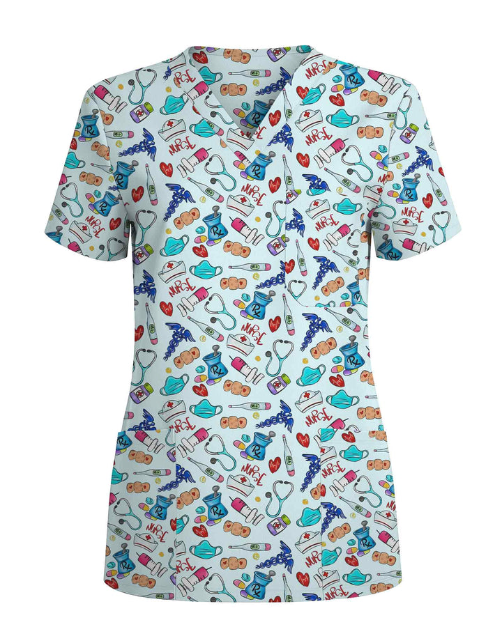 Cute Nurse Life Medical Essentials Print Scrub Top