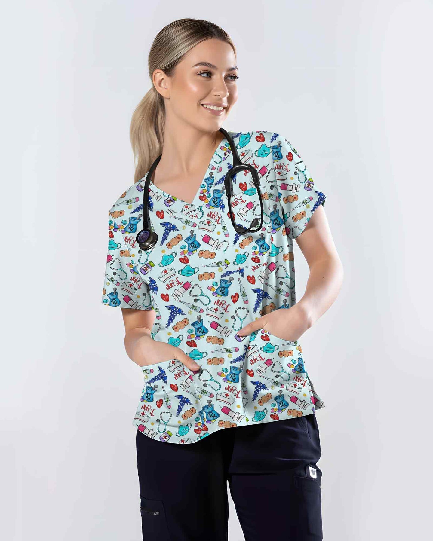 Cute Nurse Life Medical Essentials Print Scrub Top - Scrubloop