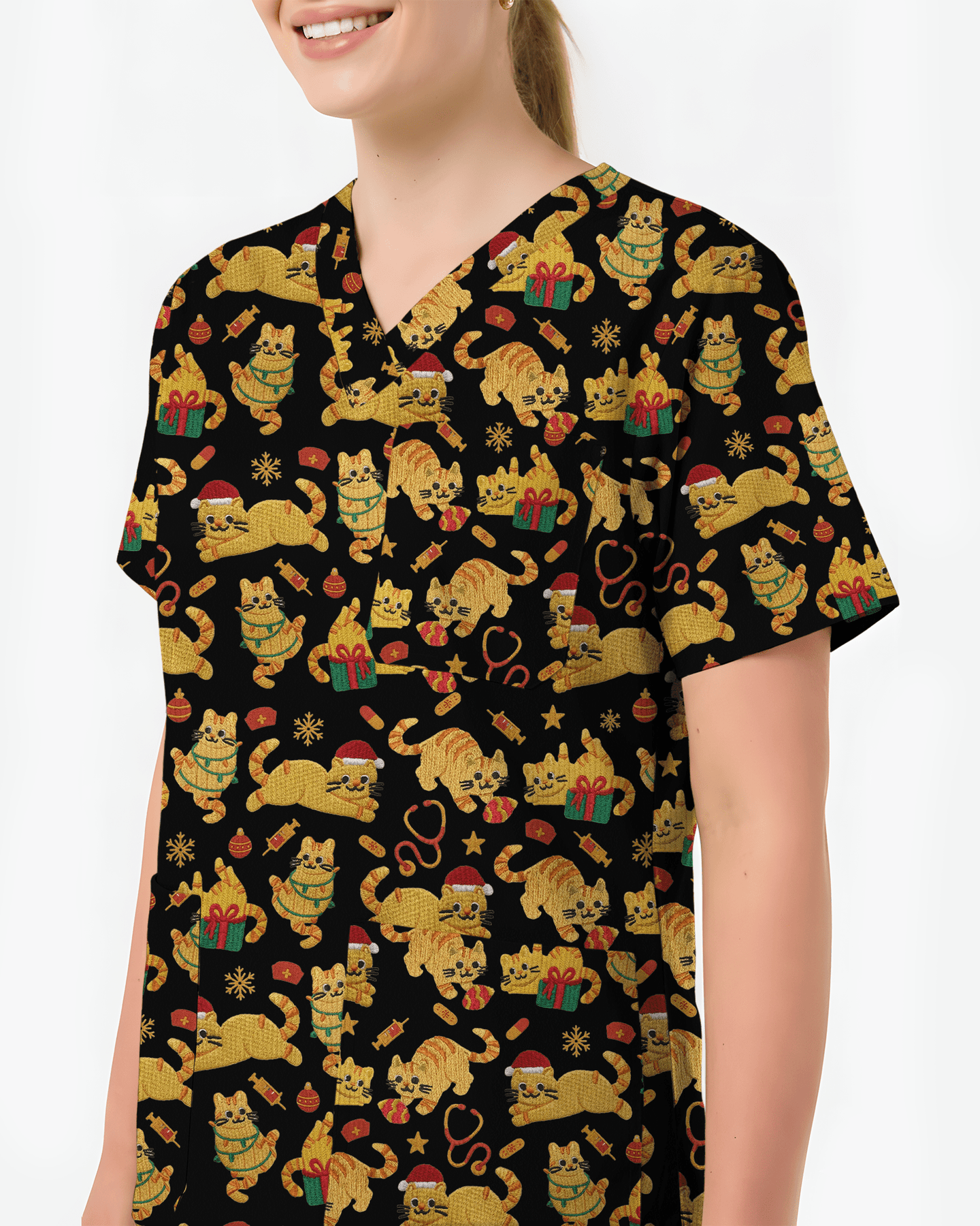 Cute Orange Cat Christmas Medical Nurse Scrub Top - Scrubloop