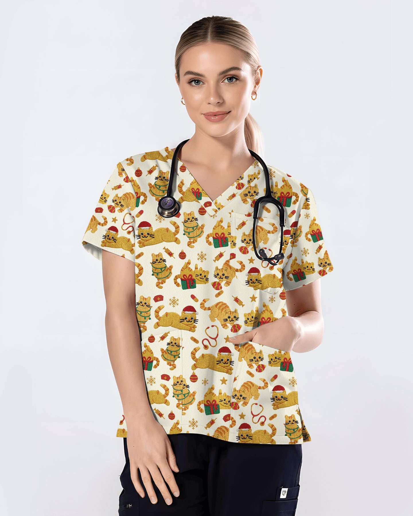 Cute Orange Cat Christmas Medical Nurse Scrub Top - Scrubloop