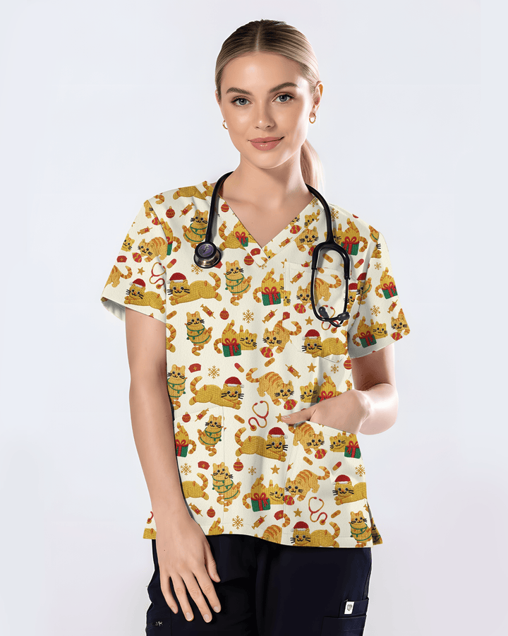 Cute Orange Cat Christmas Medical Nurse Scrub Top