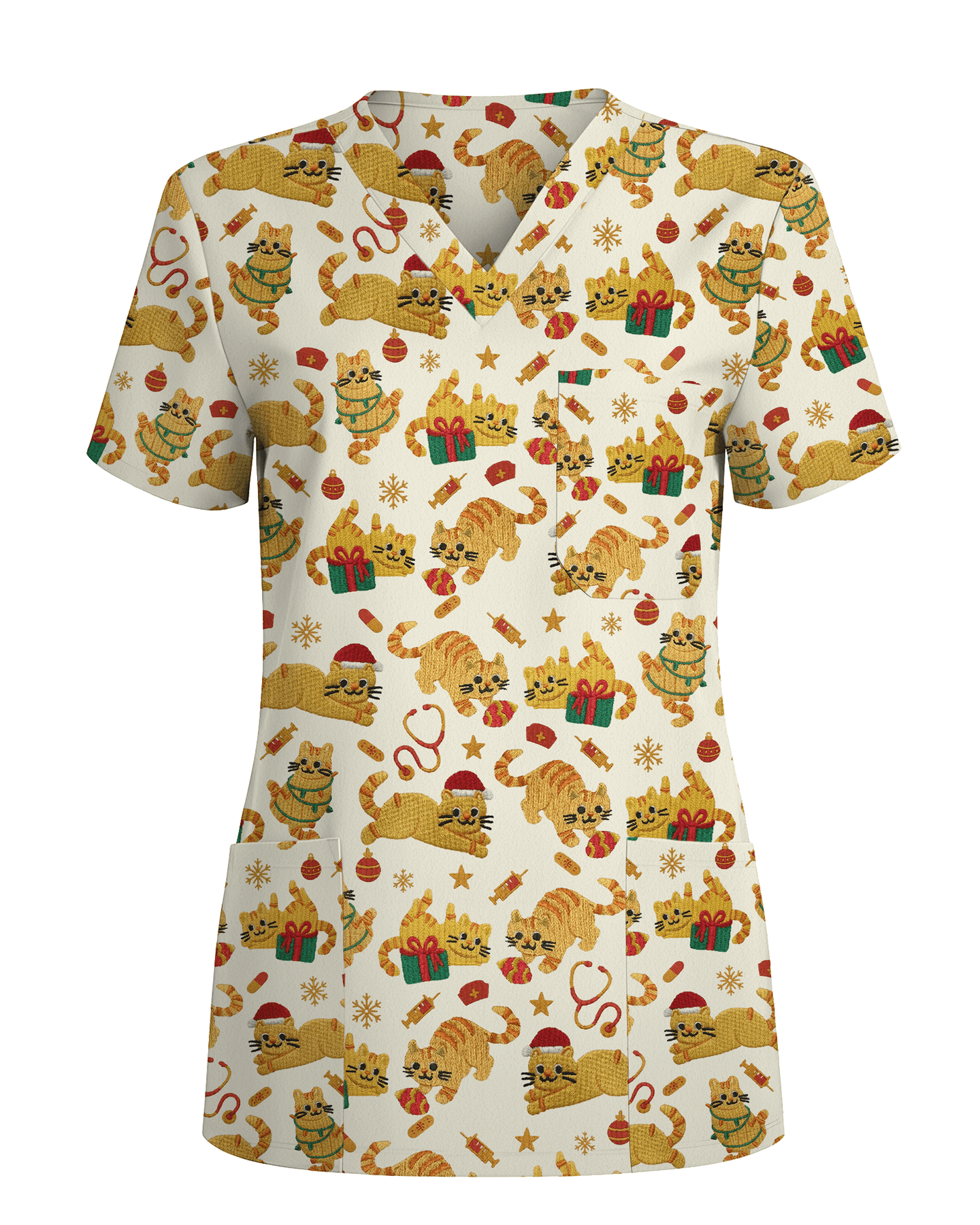 Cute Orange Cat Christmas Medical Nurse Scrub Top - Scrubloop