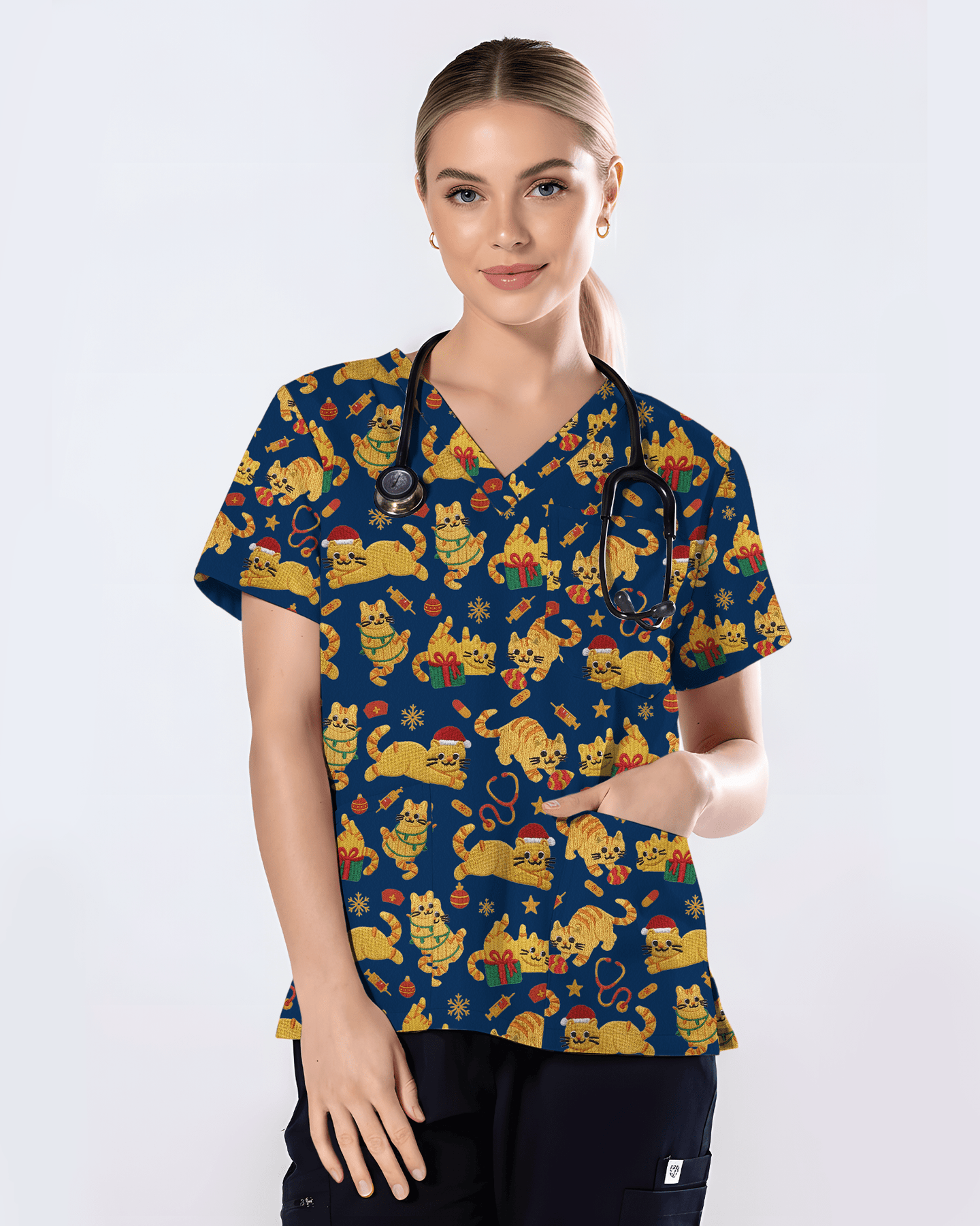 Cute Orange Cat Christmas Medical Nurse Scrub Top - Scrubloop
