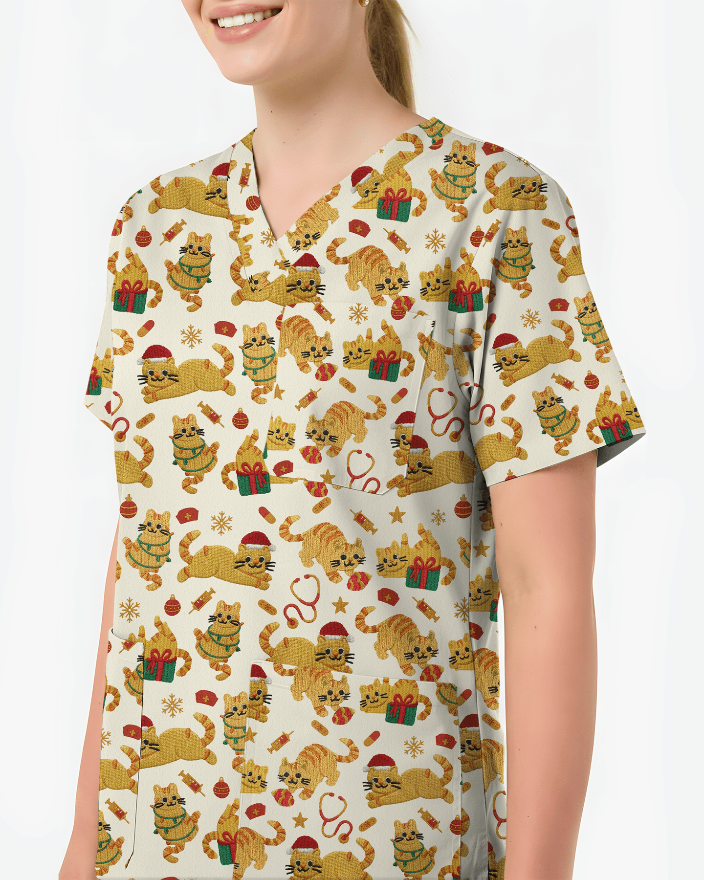 Cute Orange Cat Christmas Medical Nurse Scrub Top - Scrubloop