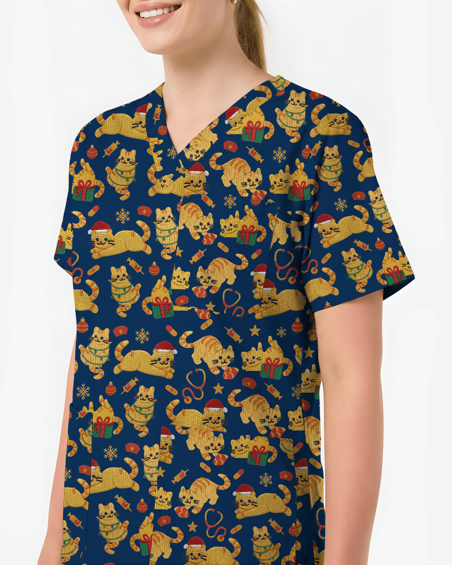 Cute Orange Cat Christmas Medical Nurse Scrub Top - Scrubloop