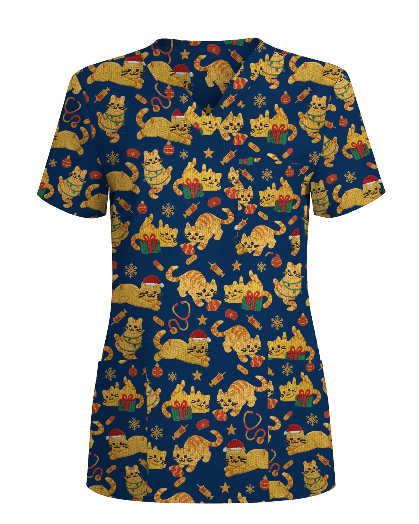 Cute Orange Cat Christmas Medical Nurse Scrub Top - Scrubloop