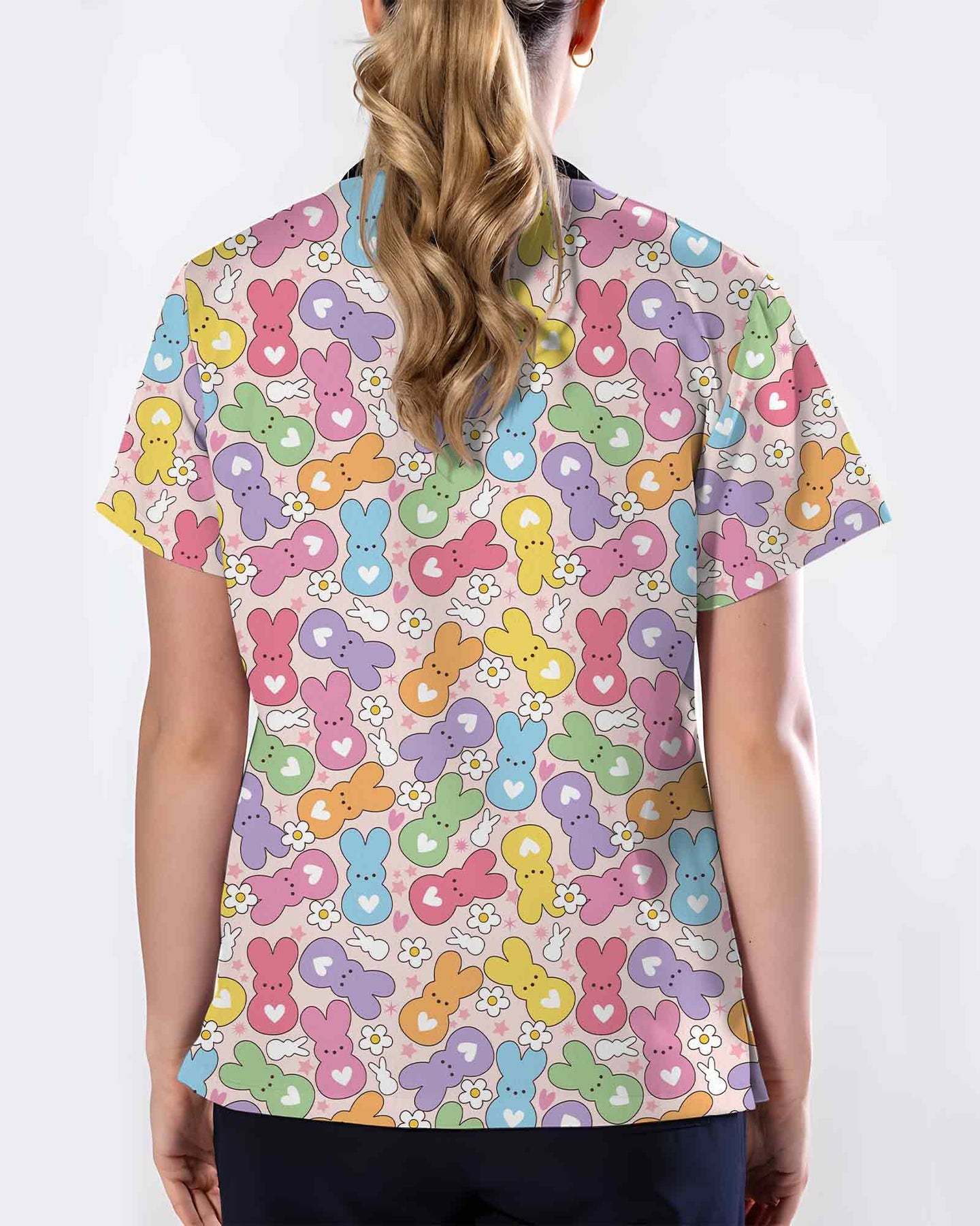 Cute Pastel Bunny Pattern Scrub Top - Scrubloop