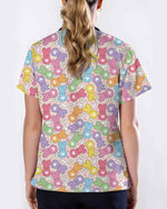 Cute Pastel Bunny Pattern Scrub Top - Scrubloop