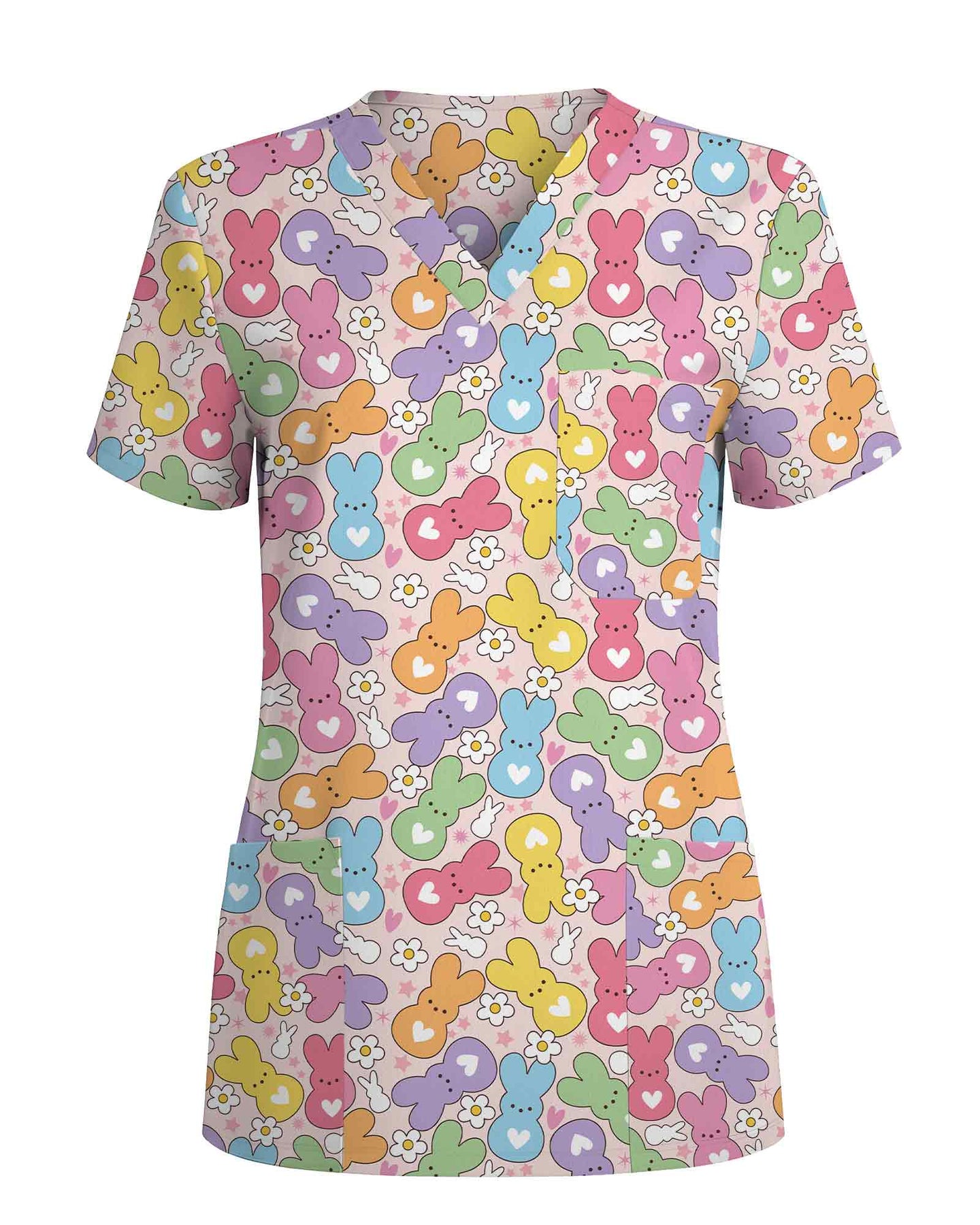 Cute Pastel Bunny Pattern Scrub Top - Scrubloop