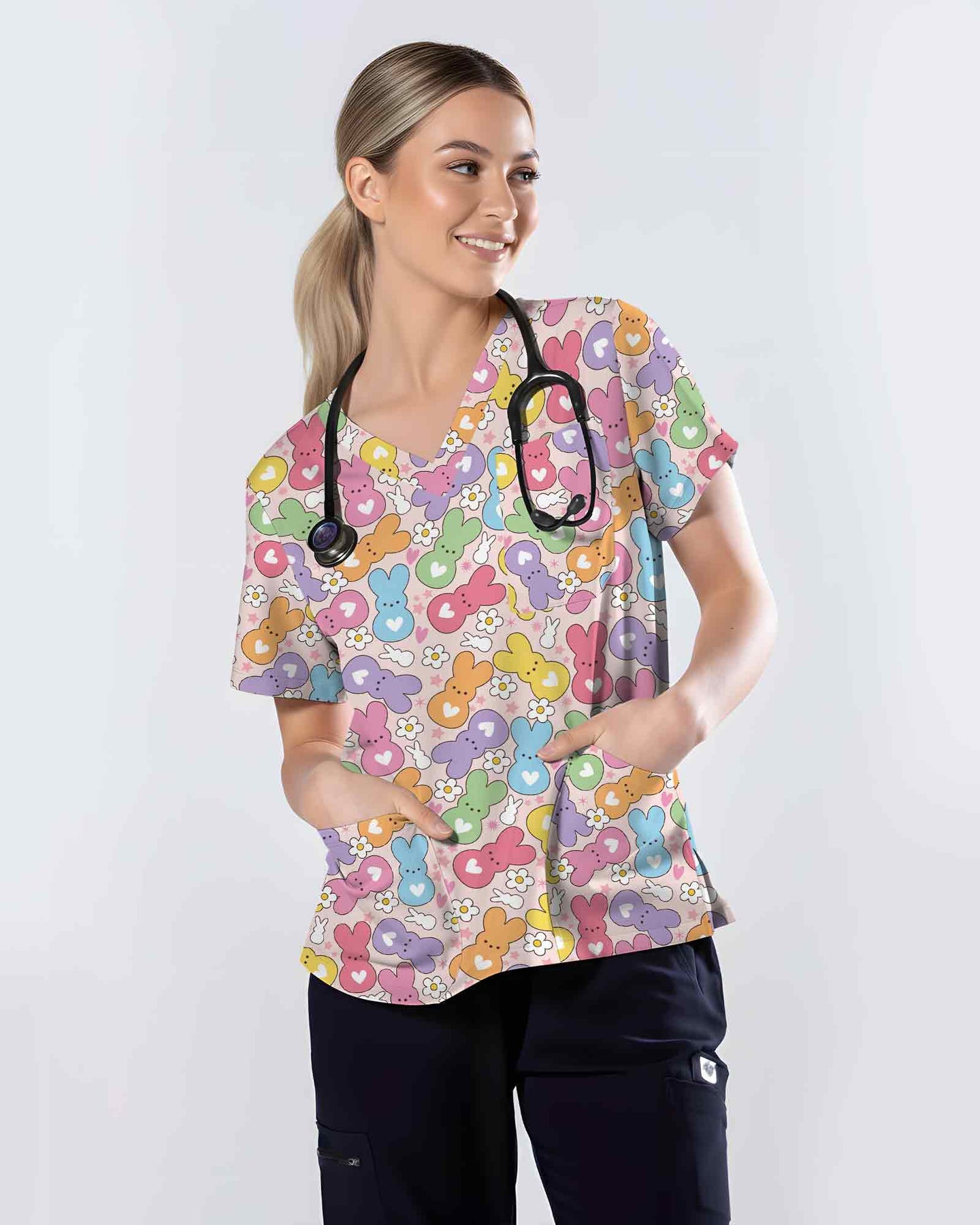 Cute Pastel Bunny Pattern Scrub Top - Scrubloop