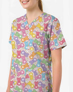 Cute Pastel Bunny Pattern Scrub Top - Scrubloop