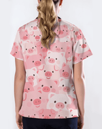 Cute Pig Playful Farm Friends Charm Women Scrub Top - Scrubloop